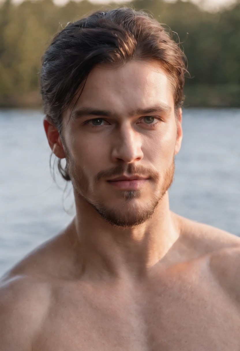 photo of muscular Viking in blue tartan kilt, topless, shirtless, barechest, warm summer evening, lake background, dramatic light, very handsome, long black hair, clean shaved, full-body, very handsome, arrogant, cocky, dark night