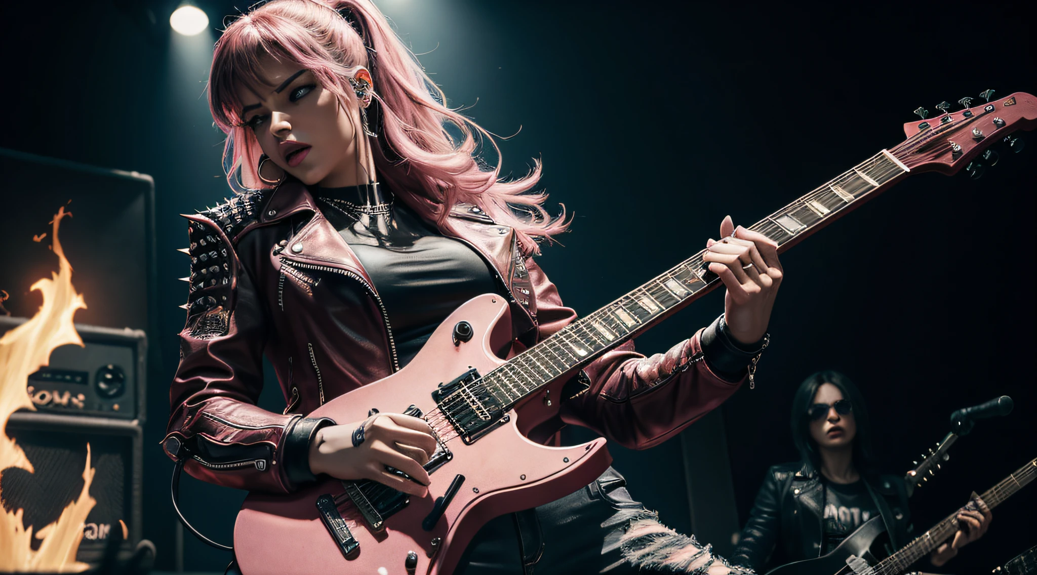 (Masterpiece:1.3, Best quality, Photorealistic, Ultra-detailed, finely detailed, high resolution, 8K wallpaper) Heavy metal, biker chick with chains and spikes, ferocious expression, powerful female rock star, pink leather, dressed in pink leather jacket and pink torn jeans, dark eyeliner and black lipstick, heavy music, fierce woman, standing tall, epic guitar solo, guitar on fire, woman solo electric guitar, female guitarist of metal, woman playing the guitar, electric guitar made of metal, flames on stage, female rocker playing a concert,