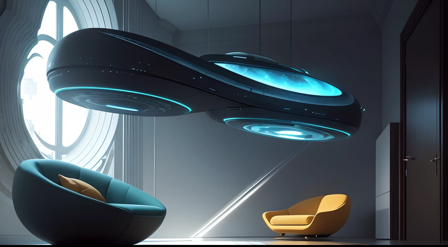 Gravity resistant floating living room
This living room has an anti-gravity environment。An alien with a spherical head and body floats in mid-air,The surrounding furniture is also floating。watch from the side,Both this alien and the furniture are slowly spinning and floating,The entire space achieves a true zero-gravity effect,Very dreamy and beautiful。