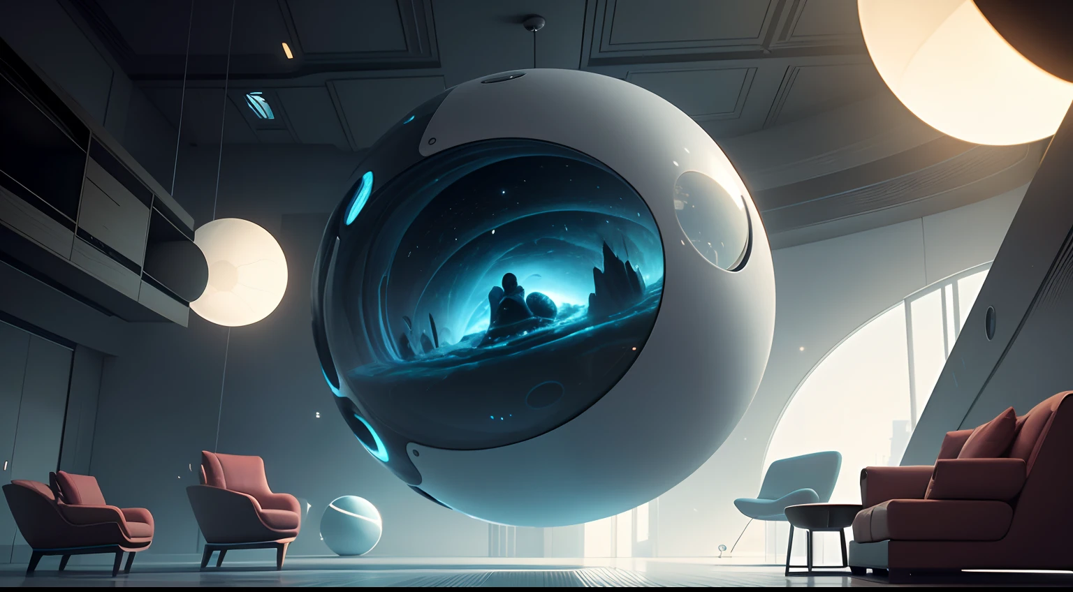 Gravity-resistant floating living room
This living room has an anti-gravity environment。An alien with a spherical head and body floats in mid-air,The surrounding furniture is also floating。watch from the side,Both this alien and the furniture are slowly spinning and floating,The entire space achieves a true zero-gravity effect,Very dreamy and beautiful。