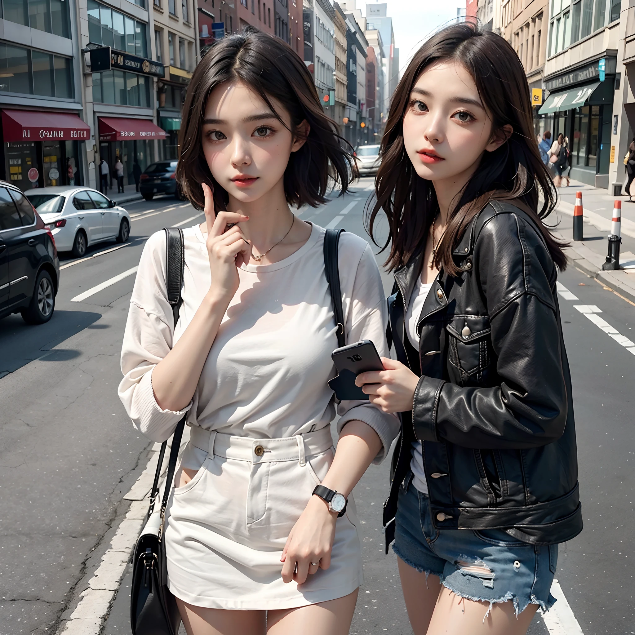 Beautiful woman, fiddling with cell phone in the middle of the street, short clothes