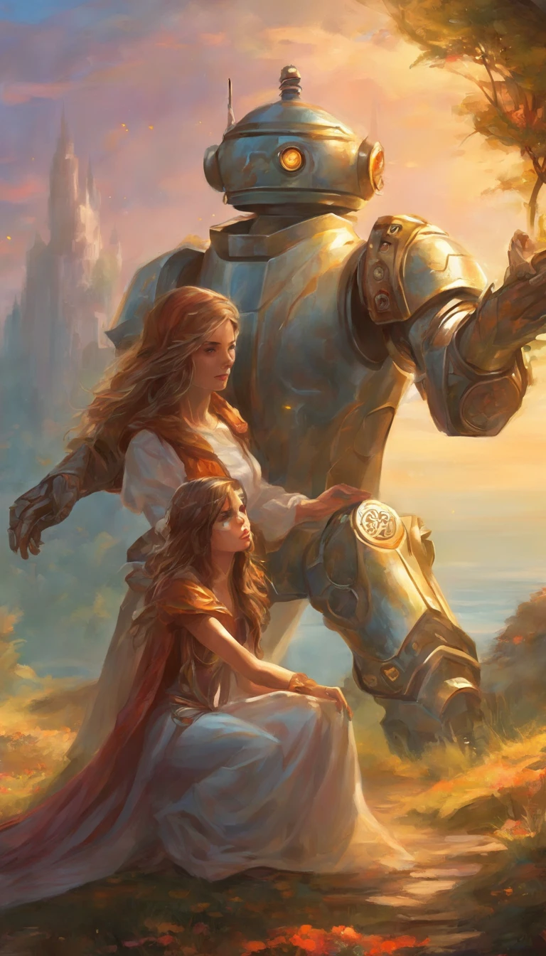A tin robot proposing a beautiful girl, fantasy style, realistic, detailed