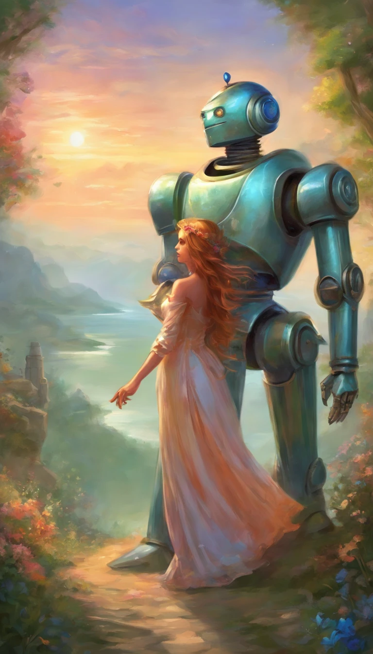 A tin robot proposing a beautiful girl, fantasy style, realistic, detailed