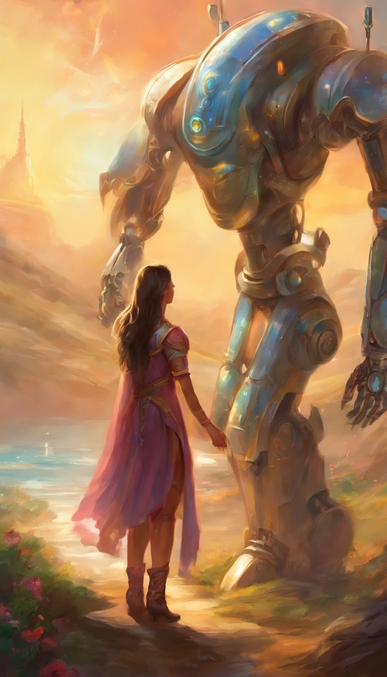 A tin robot proposing a beautiful girl, fantasy style, realistic, detailed