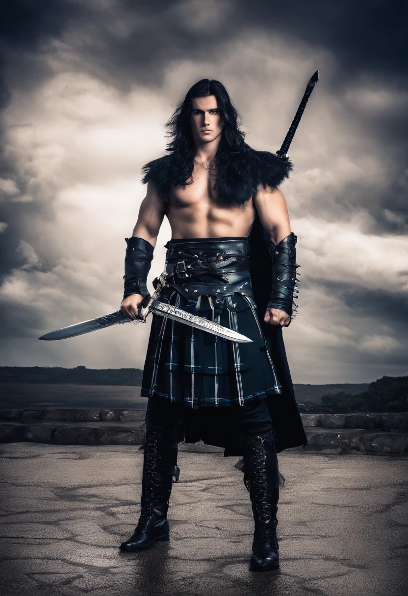 3d cartoon A man with six pack muscles,, black_hair, with wrist sword weapon, muscular, holding a red sword standing straight, looking ahead seriously, on the cloudy foothills