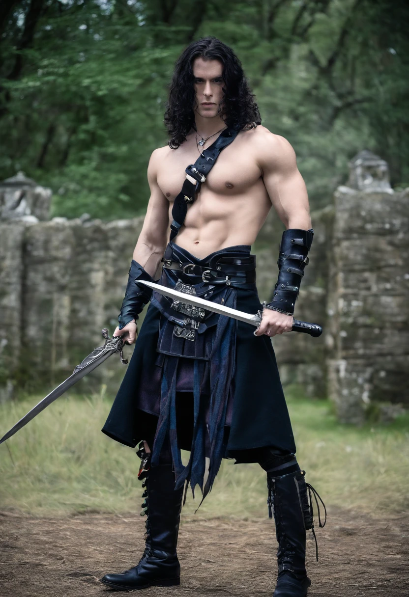 A YOUNG SCOTTISH male warrior, topless, barechest, raw, in KILT, long black flowing hair, storm background, SEXY, BRUTAL, HANDSOME, CINEMATIC PHOTOGRAPHY, POSTER ART PHOTO, very handsome, sexy, handsome, blue tartan kilt, full-body, arrogant, cocky, proud