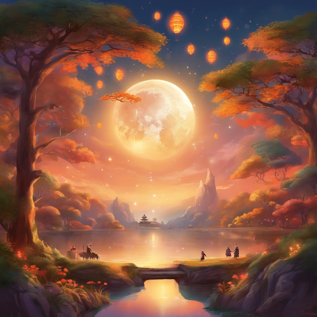Mid-Autumn Festival, A round moon, the night, (Moon cake), teas, the fruits, edgBunny, Chang'e rushes to the moon, symmetry, high detail, Romanticism, sparkle, god rays, ray tracing, UHD, retina, masterpiece, ccurate, super detail, high details, high quality, best quality, highres, 16k, anatomically correct