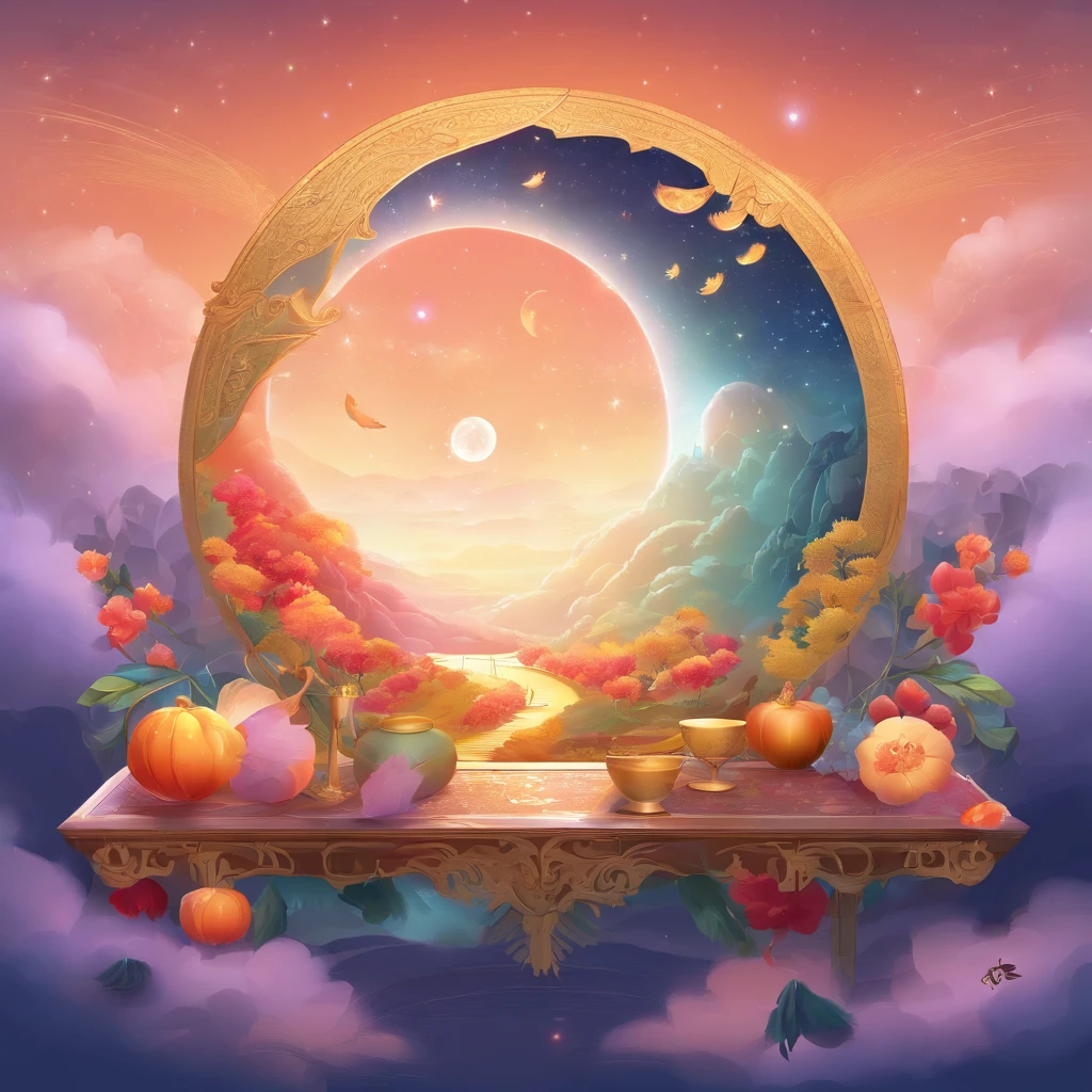 Mid-Autumn Festival, A round moon, the night, (Moon cake), teas, the fruits, edgBunny, Chang'e rushes to the moon, symmetry, high detail, Romanticism, sparkle, god rays, ray tracing, UHD, retina, masterpiece, ccurate, super detail, high details, high quality, best quality, highres, 16k, anatomically correct