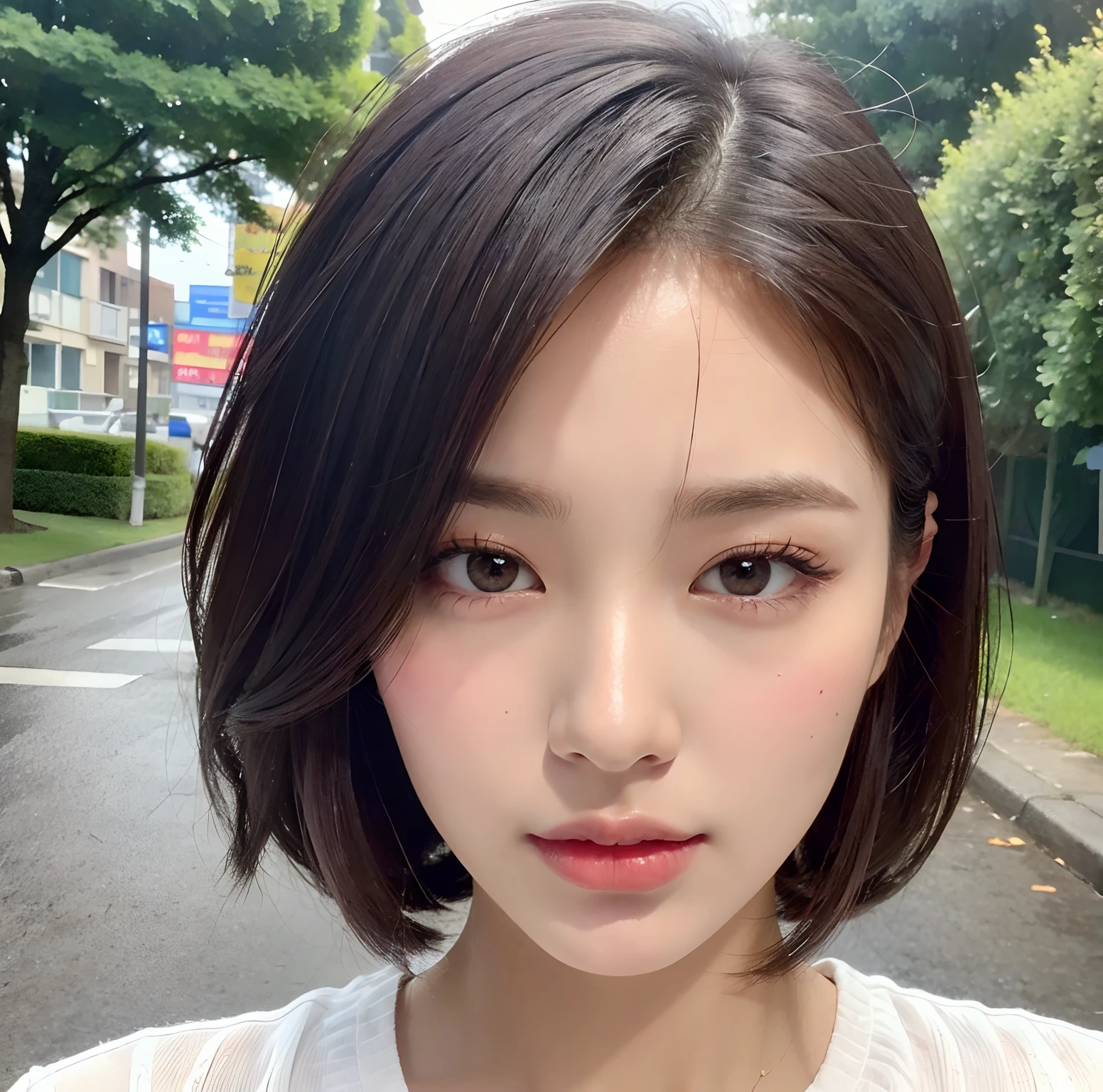 ((Best Quality, 8K, Masterpiece: 1.3)), Sharp: 1.2, Perfect Body Beauty: 1.4, Slim Abs: 1.2, ((Layered Hairstyle, Big Breasts: 1.2)), (Wet White Button Long Shirt: 1.1), (Rain, Street: 1.2), Wet: 1.5, Highly detailed face and skin texture, detailed eyes, double eyelids, side face looking at the camera