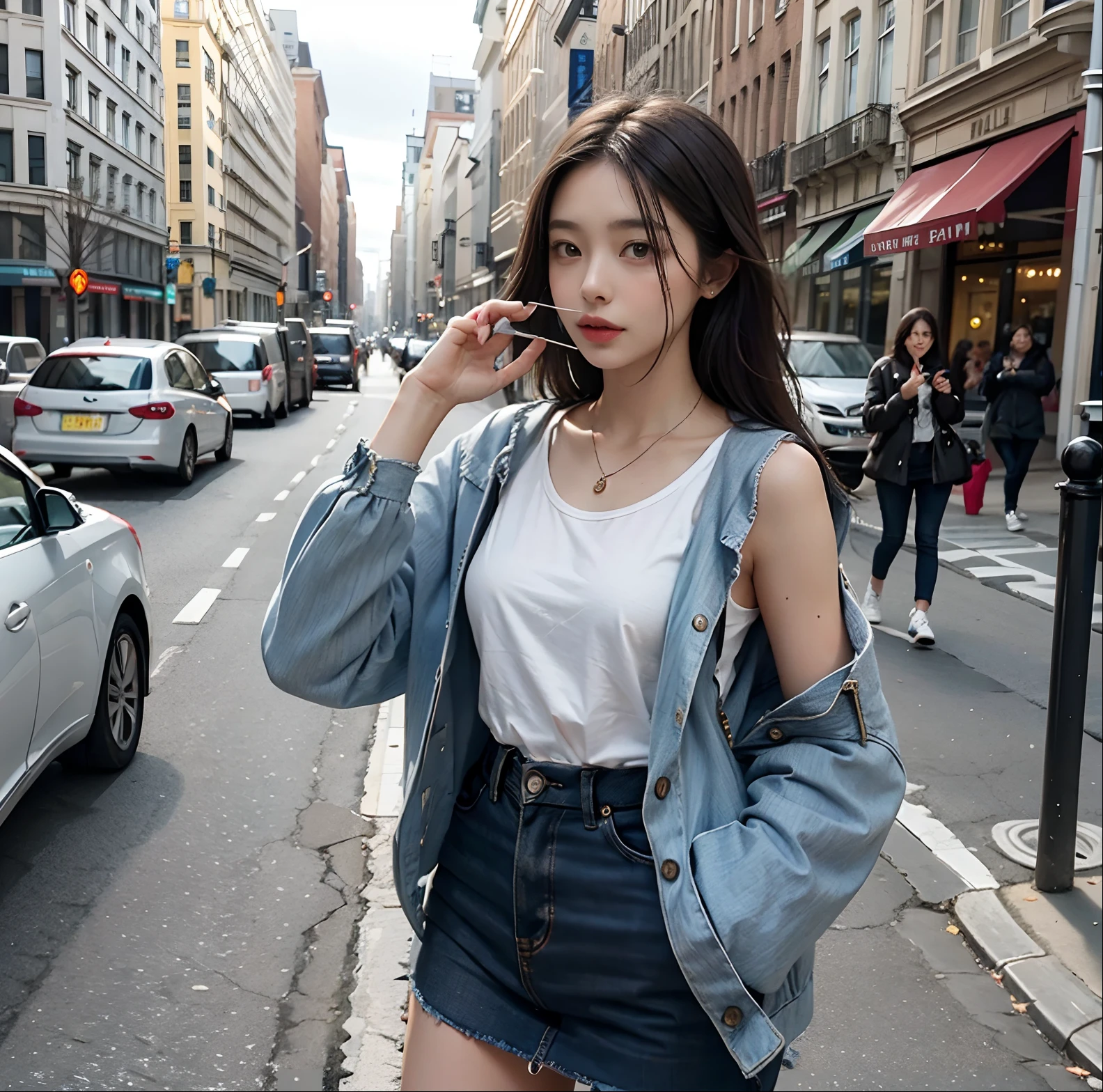 Beautiful woman, fiddling with cell phone in the middle of the street, short clothes