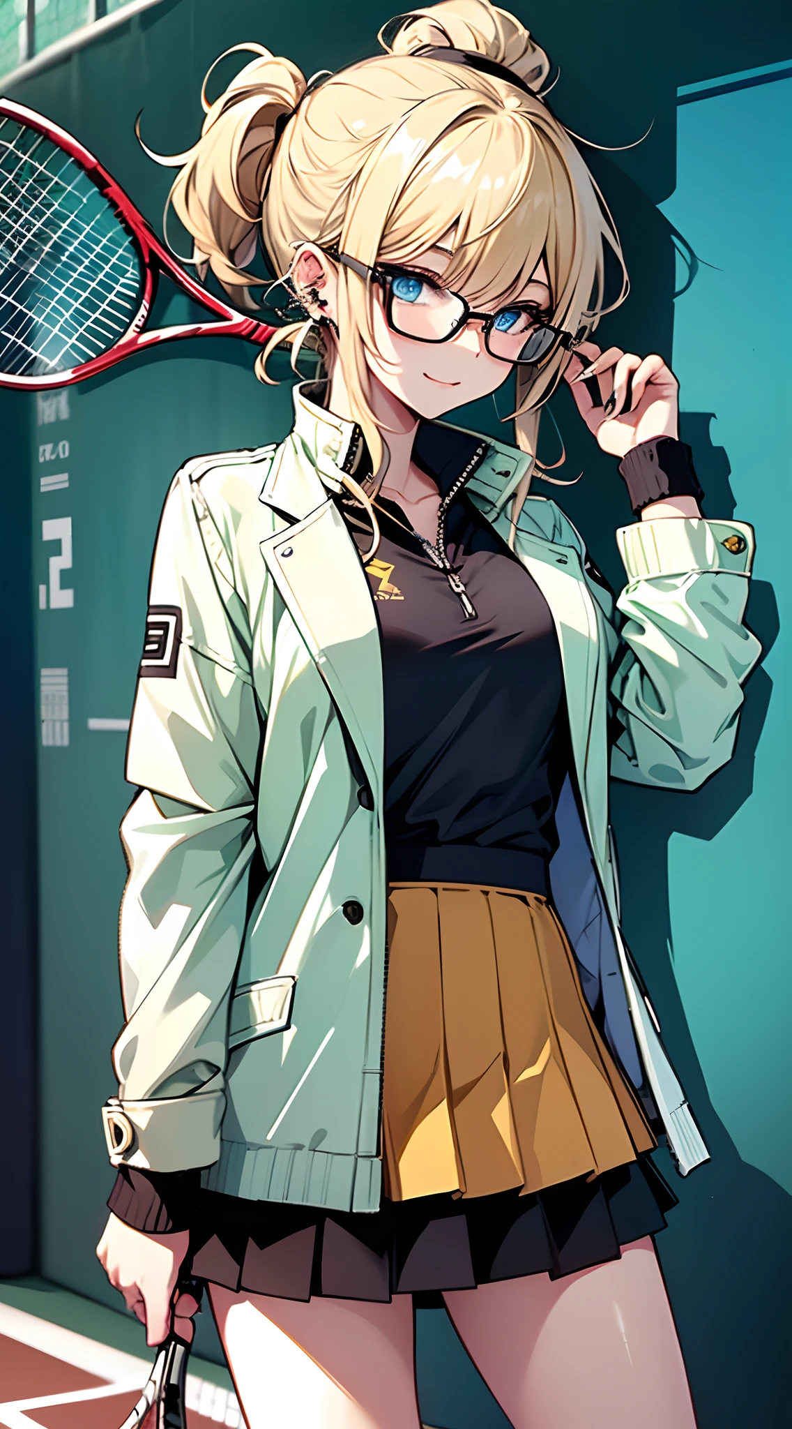 top-quality、Top image quality、masterpiece、girl with((18year old、Light tennis wear:1.6、Mini Pleated Skirt、Bust 90、a blond、disheveled ponytail、Blue eyes、open chest wide、Happiness、Black wristband on wrist、Ear-piercing))、((Fashionable glasses))、A slender、hiquality、(perspired:1.6)、visualart、Background with((tennis coat))、masutepiece