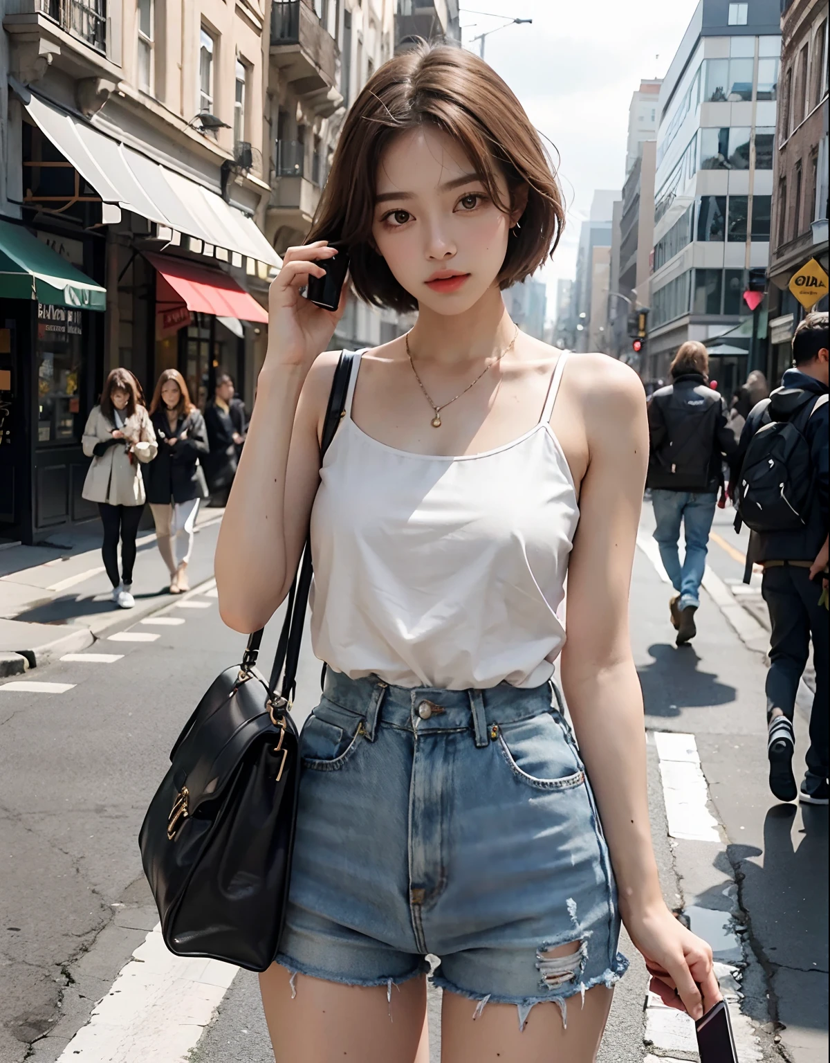 Sexy woman, fiddling with cell phone in the middle of the street, short clothes