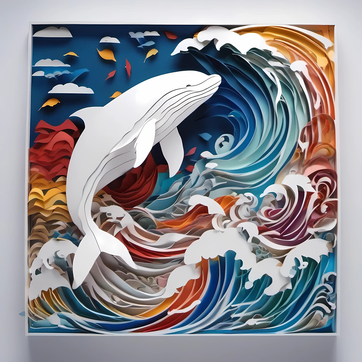 Paper cut-art, colorful paper art, White whale paper cut art、3D paper cut-art, Giant white whale、Monster White Whale、Mare、Rough seas、White whale blowing the tide、stormy、hard weather、A composition that attacks the viewer、dynamic pose, dynamic,