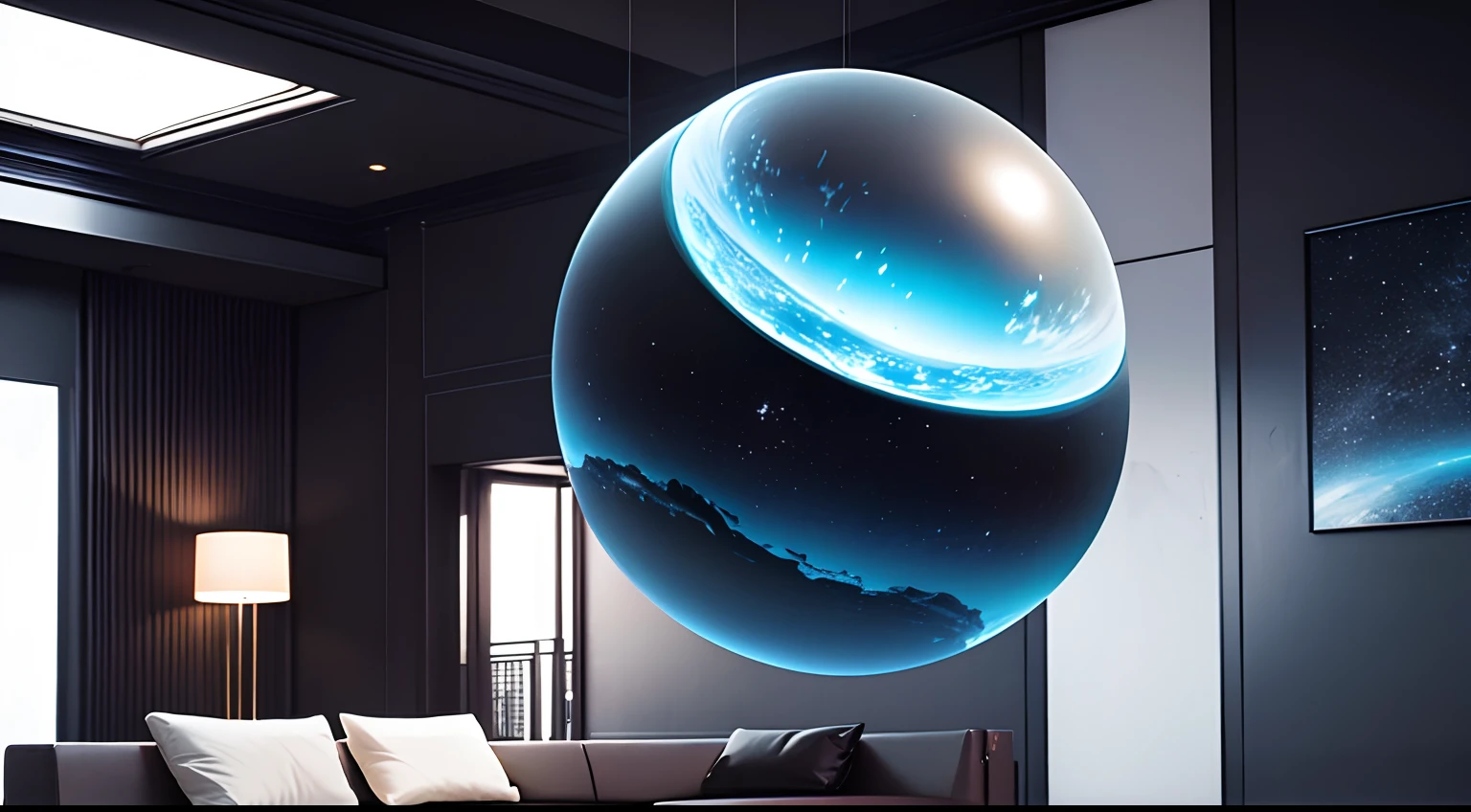 Gravity-resistant floating living room
This living room has an anti-gravity environment。An alien with a spherical head and body floats in mid-air,The surrounding furniture is also floating。watch from the side,Both this alien and the furniture are slowly spinning and floating,The entire space achieves a true zero-gravity effect,Very dreamy and beautiful。