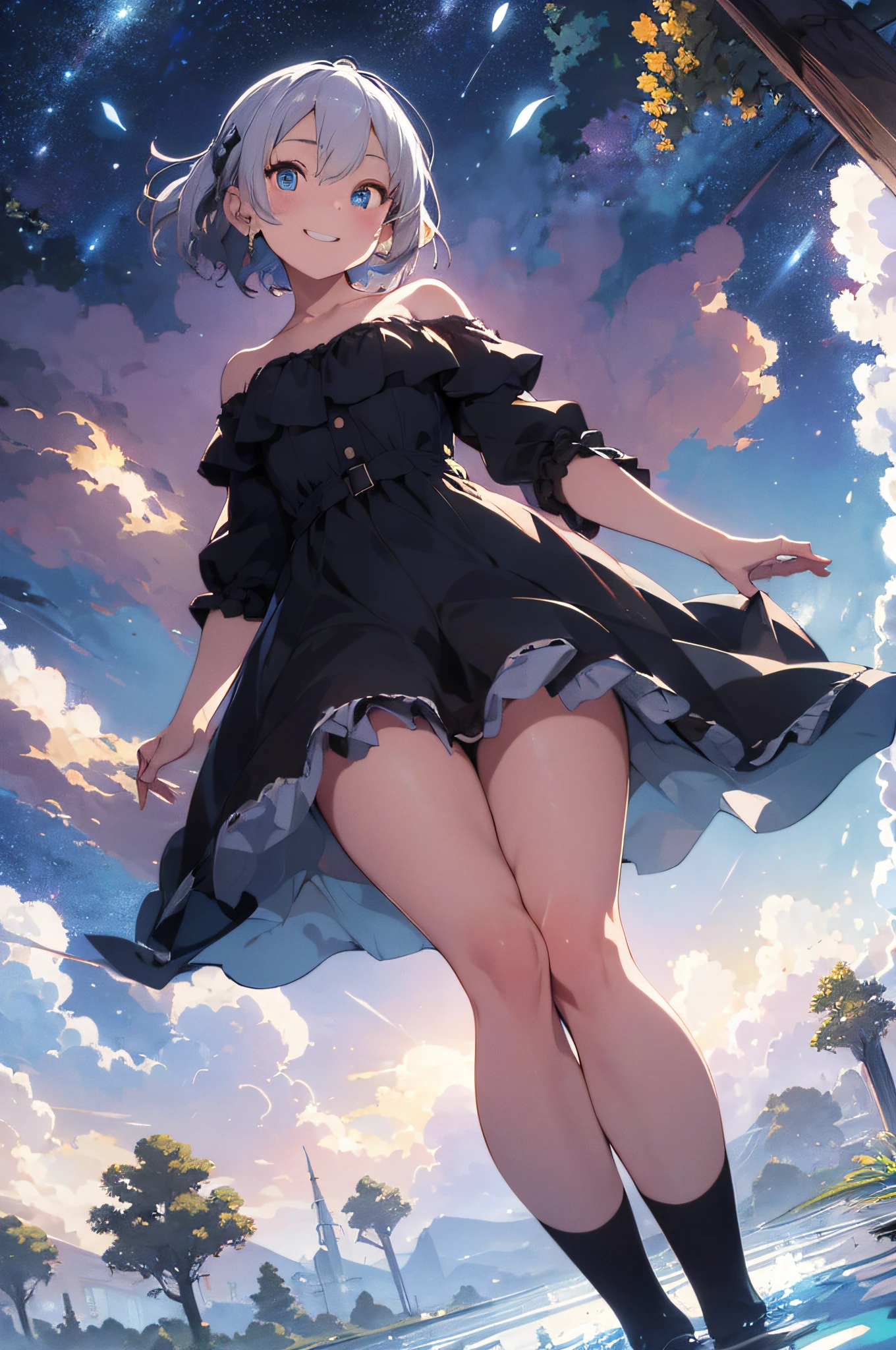 ((8k, masterpiece, best quality)), super high resolution, best shadow, (sharp sketch, illustration:1.1), (cute illustration:1.3), (Soft Saturation:1.3), extremely detailed, detailed background, cinematic lighting, (an extremely delicate and beautiful), (detailed hands), (appropriate posture), (appropriate configuration),
standing, (spread legs:1.2), (spread arms:1.3), (focus crotch:1.3), (from below:1.5),
1girl, solo, stand in the flower field, wind,
BREAK
cute girl, 16 years old, beautiful blue eyes, silver medium bob hair, medium breasts, (happy smile),
(wearing off shoulder dress:1.2), floating hair