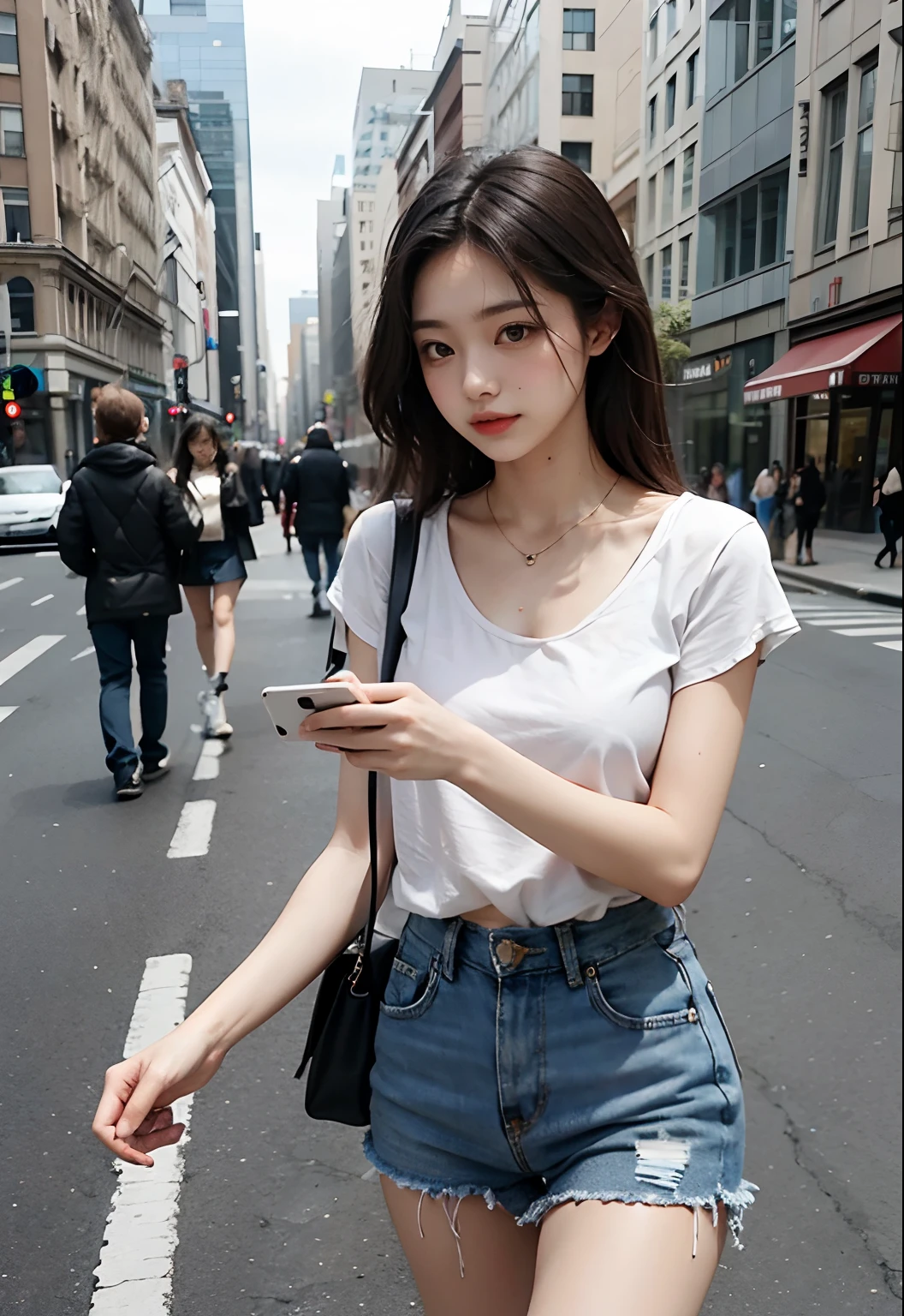 Beautiful woman, fiddling with cell phone in the middle of the street, short clothes