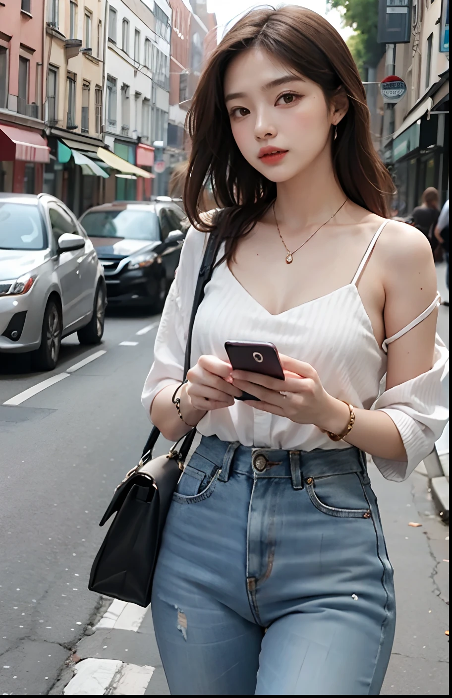 Beautiful woman, fiddling with cell phone in the middle of the street, short clothes