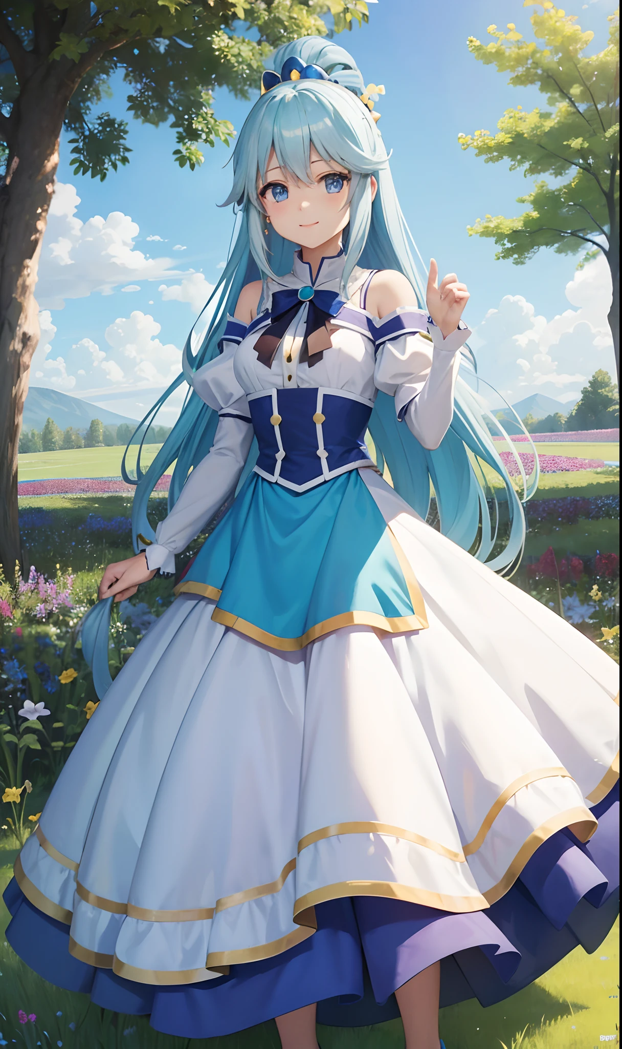 masterpiece, top-quality, Princess_aqua_Konosuba, standingn, clouds, Meadow where cosmos blooms all over、Blue Long Hair, Blue eyes, A charming smile、Cream dress、In the breeze、Dress with flowing hair