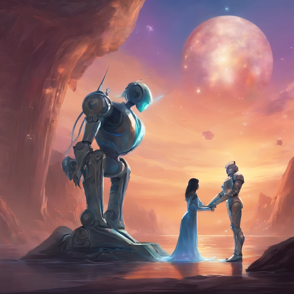 A male tin robot proposing a female tin robot, realistic, fantasy style, detailed