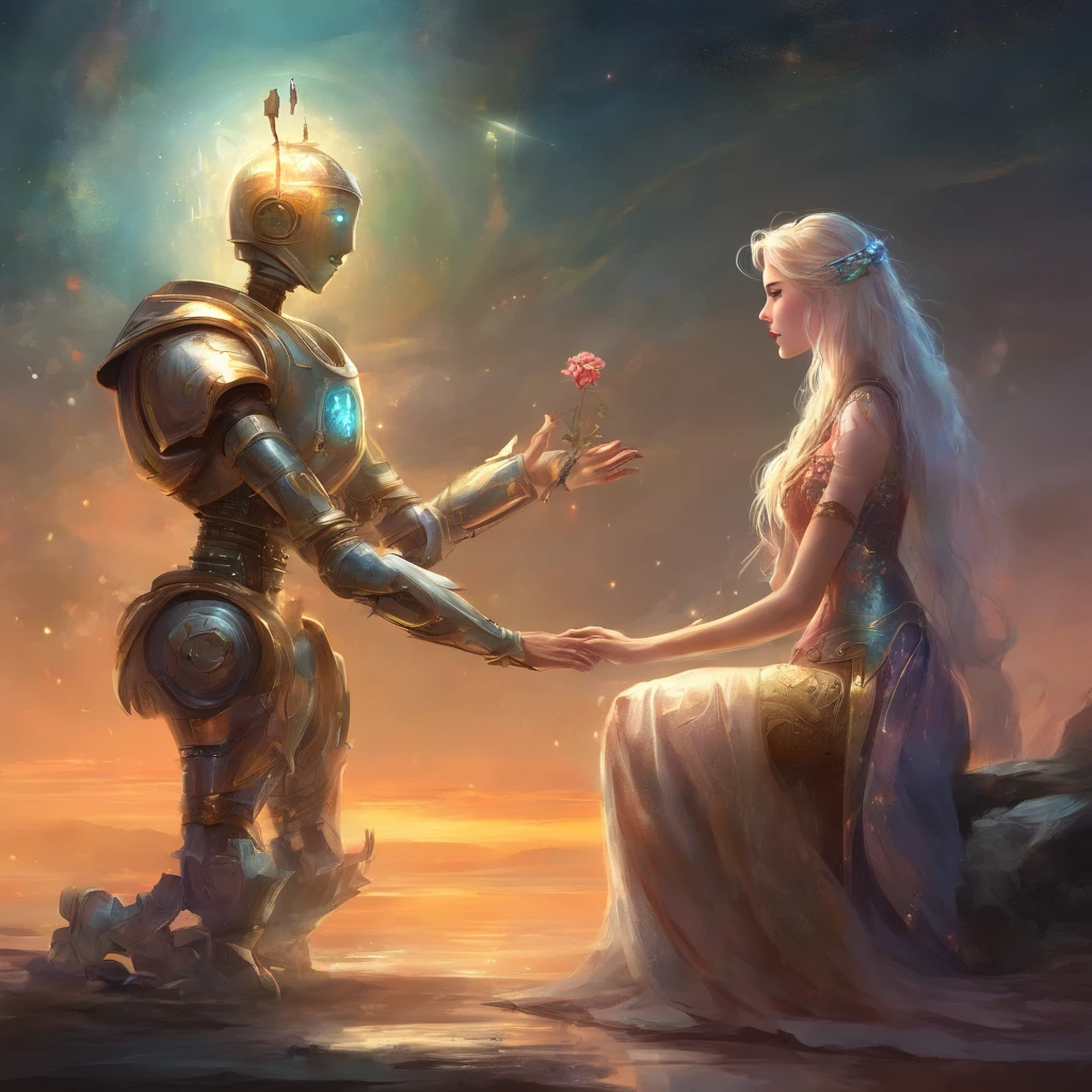 A male tin robot proposing a female tin robot, realistic, fantasy style, detailed