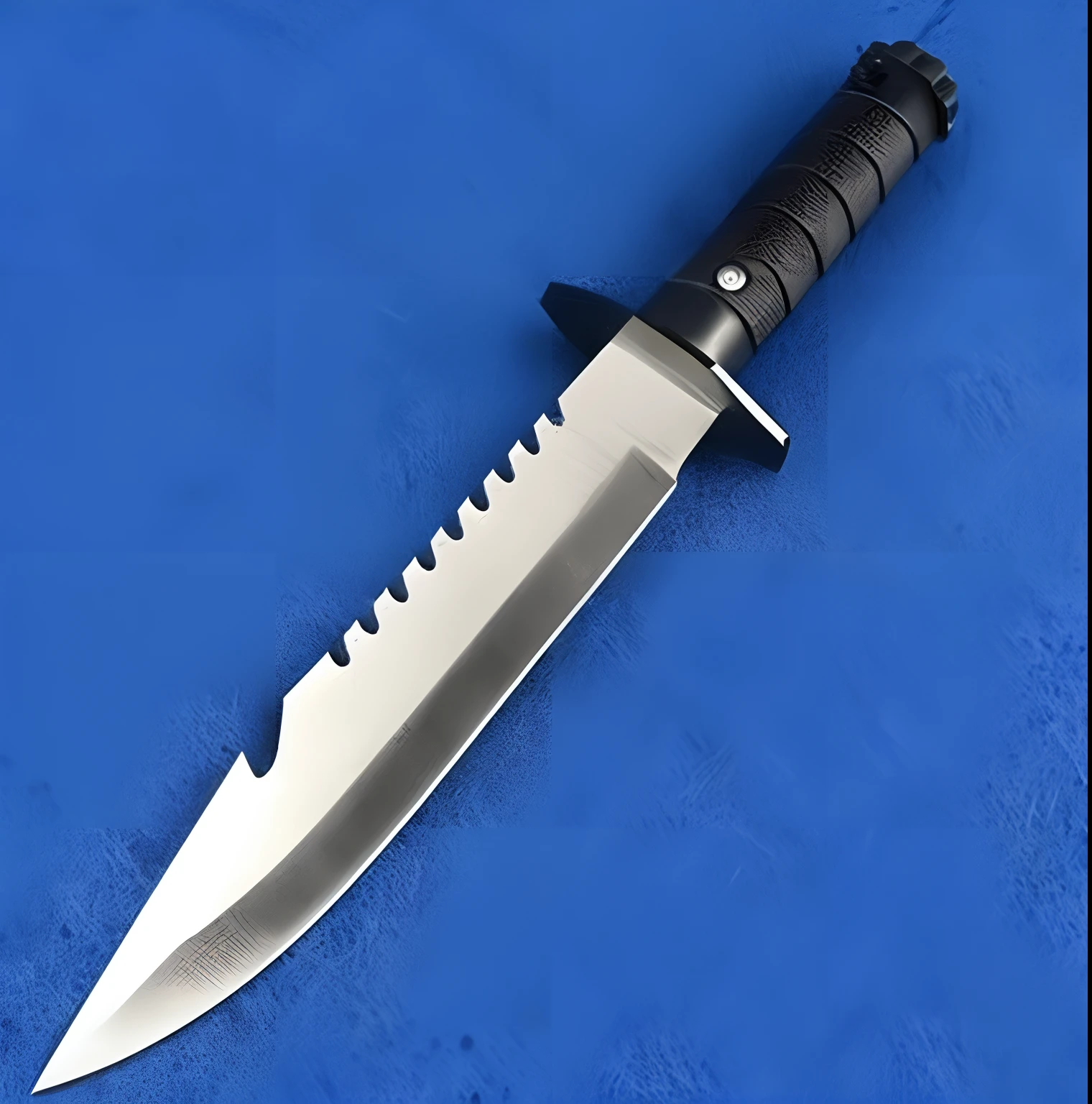 Close-up of a knife on a blue surface, tactical knife, armed with edged weapons, wielding knife, holding knives, knife, extremely detailed and sharp, serrated point, knifes, engraved blade, very sharp and detailed, chainsaw sword katana, very sharp!!!, rambo, daggers, detailed and sharp, steel sword, Holding a knife, armored sword blade