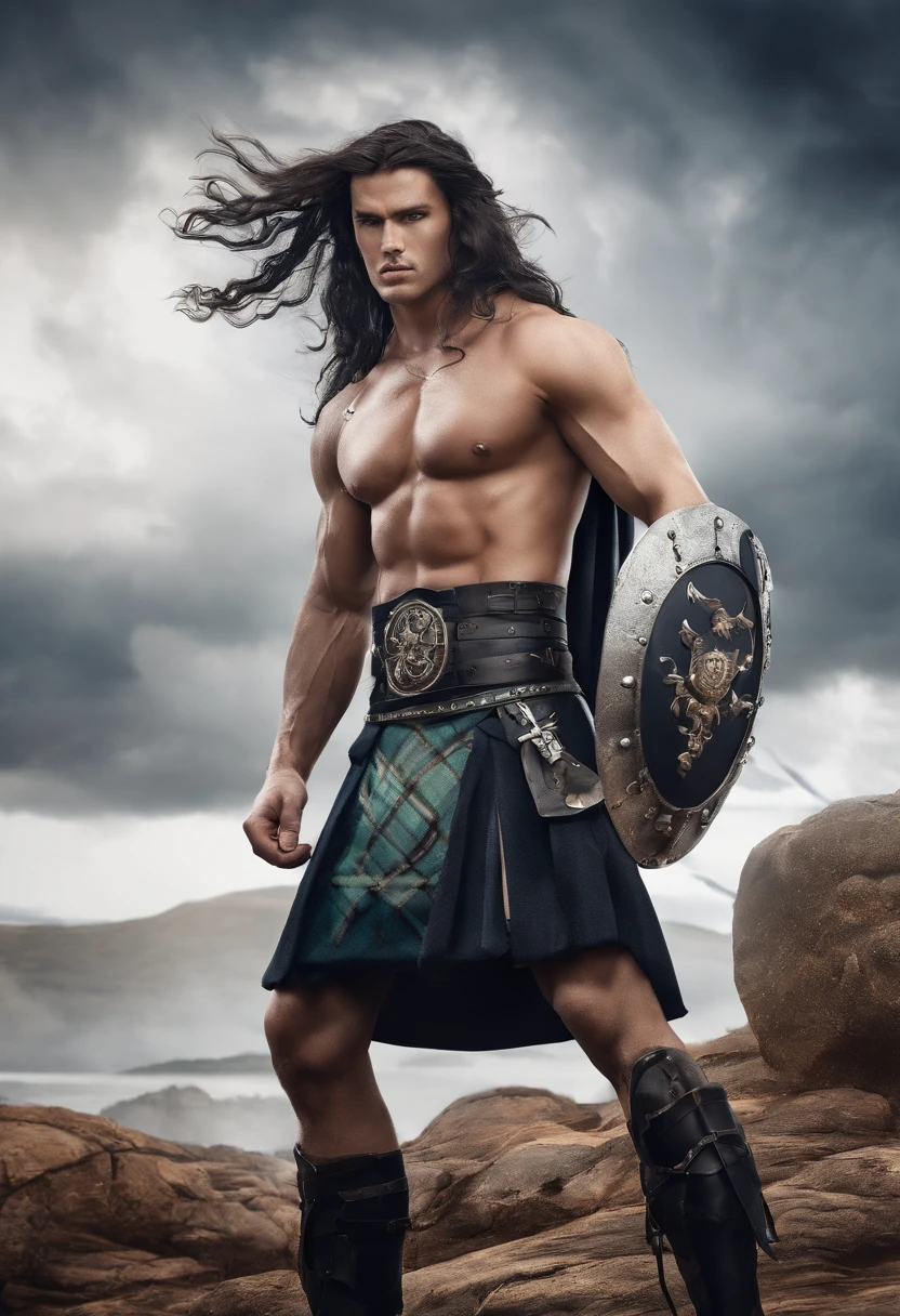 A YOUNG SCOTTISH male warrior, topless, barechest, raw, in KILT, long black flowing hair, storm background, SEXY, BRUTAL, HANDSOME, CINEMATIC PHOTOGRAPHY, POSTER ART PHOTO, very handsome, sexy, handsome, blue tartan kilt, full-body, arrogant, cocky, proud, poster art photography