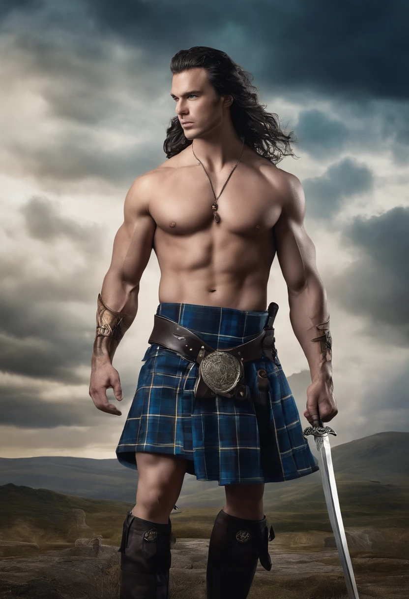 A YOUNG SCOTTISH male warrior, topless, barechest, raw, in KILT, long black flowing hair, storm background, SEXY, BRUTAL, HANDSOME, CINEMATIC PHOTOGRAPHY, POSTER ART PHOTO, very handsome, sexy, handsome, blue tartan kilt, full-body, arrogant, cocky, proud, poster art photography