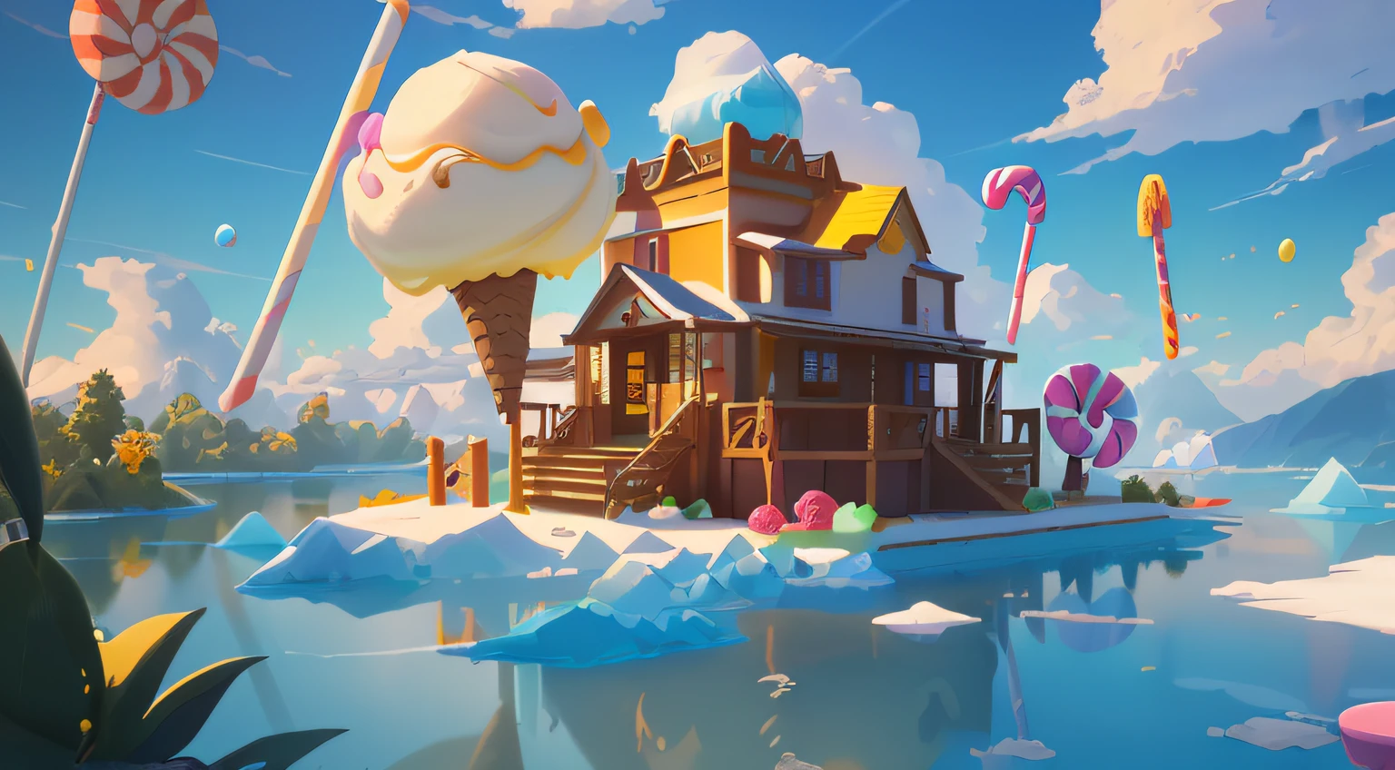 Cartoon style game scene, dusk white clouds, sky, childlike happy atmosphere, the whole picture is bright yellow as the main color, colorful colors, (ice cream), ((candy)), (fruit), close-up ice cream river, cartoon cute ice cream, card ventilator, candy world, lemon pinwheel, fairy tale world, ultra HD, master masterpiece, best quality, realistic lighting, masterpiece, high quality, beautiful graphics, global illumination, (HDR:1.3), best quality, 8k, perspective, depth of field, high resolution,
