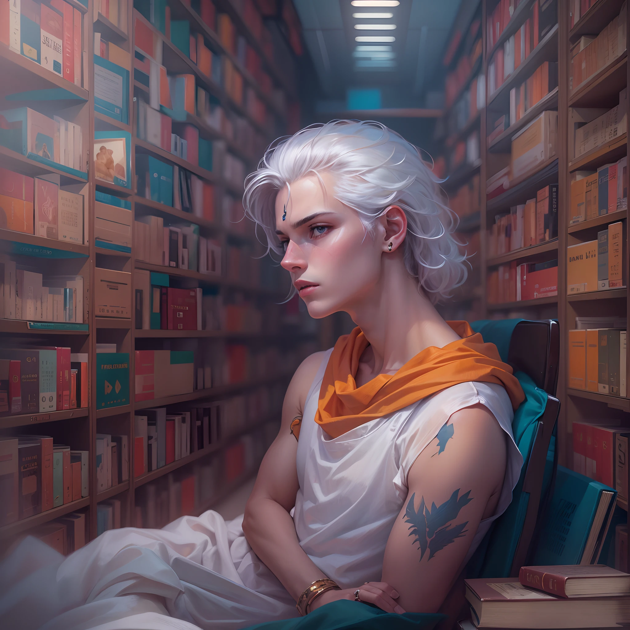 A quiet and intellectual space filled with bookshelves lined with philosophy books from ancient times to the present day. Top quality, masterpiece, ultra-high resolution, ((realism: 1.4), blue and orange background, brave young man, ((portrait )), glossy skin, (ultra-realistic details)), cool and dandy AI Philosopher, all back (long, beautiful white hair). Expressionless, 16K, neck connected to complicated latest equipment, handsome, upper body zoom, facing camera, humanoid, beautiful woman,