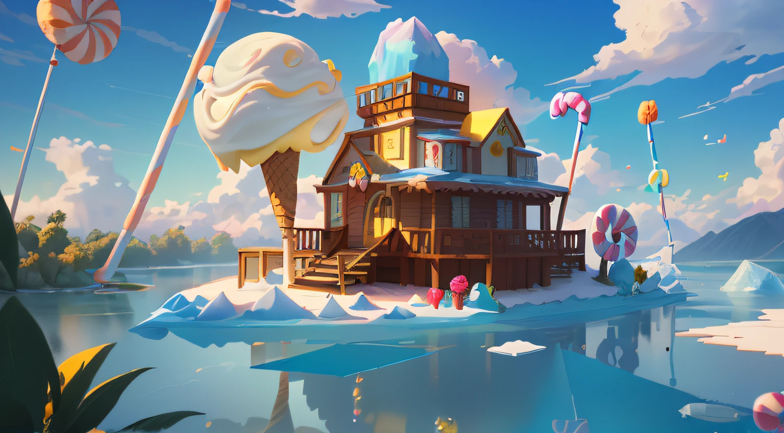 Cartoon style game scene, dusk white clouds, sky, childlike happy atmosphere, the whole picture is bright yellow as the main color, colorful colors, (ice cream), ((candy)), (fruit), close-up ice cream river, cartoon cute ice cream, card ventilator, candy world, lemon pinwheel, fairy tale world, ultra HD, master masterpiece, best quality, realistic lighting, masterpiece, high quality, beautiful graphics, global illumination, (HDR:1.3), best quality, 8k, perspective, depth of field, high resolution,