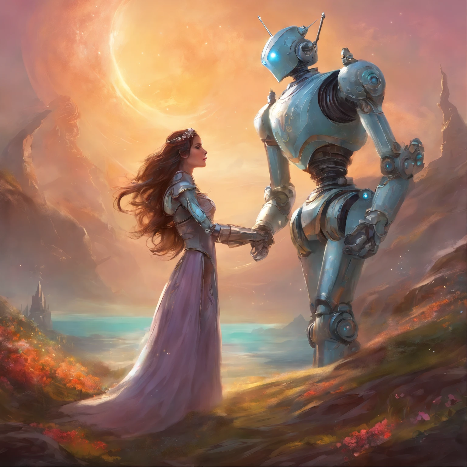 A male tin robot proposing a female tin robot, realistic, fantasy style, detailed