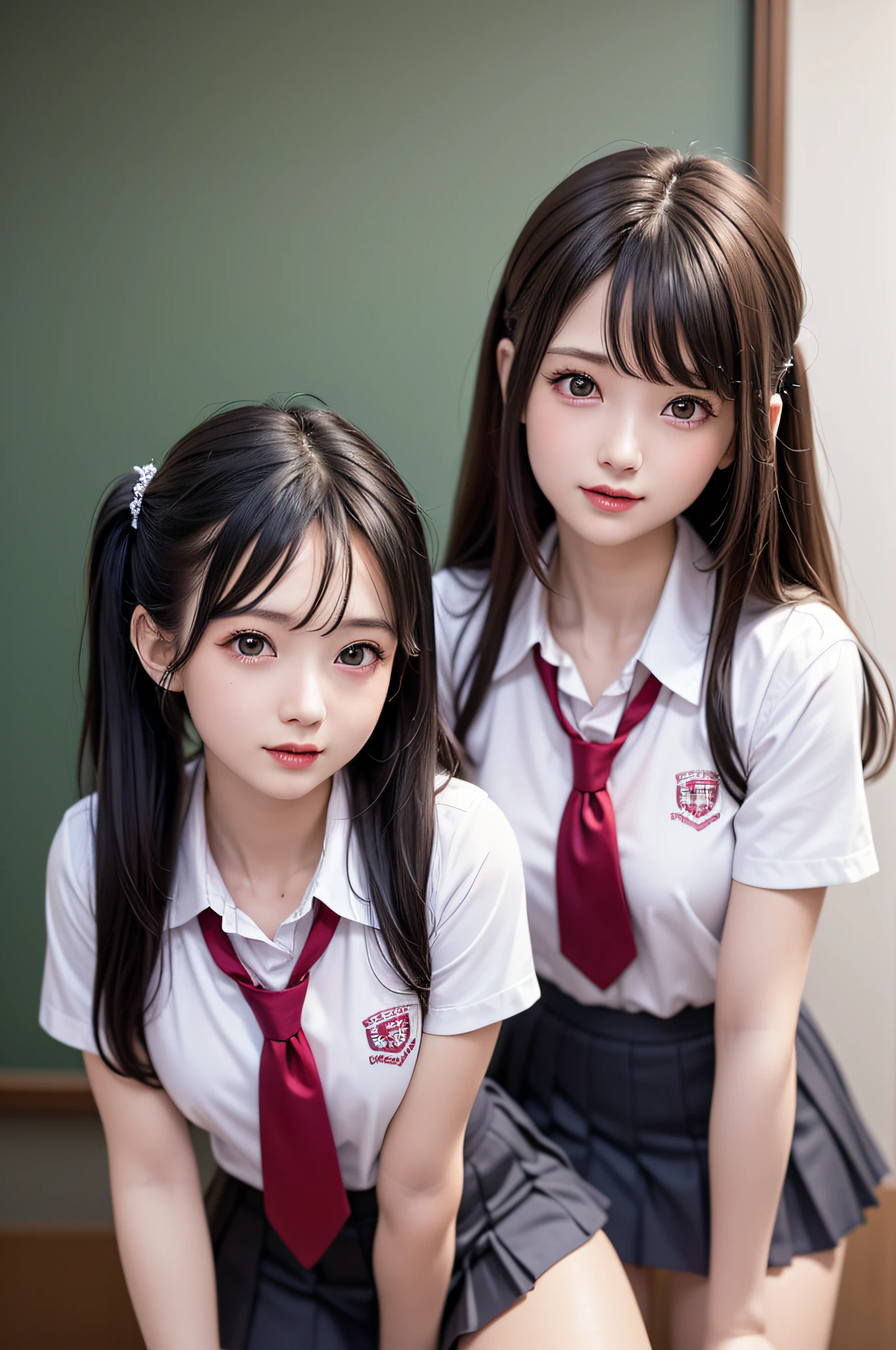 ((2girls)), ((Best Quality)), (Ultra-detailed), (extremely detailed CG unified 8k wallpaper), Highly detailed, High-definition raw color photos, Professional Photography, (Twintails), Brown hair, Amazing face and eyes, Pink eyes, (amazingly beautiful girl), (hi-school uniform, pleated mini skirt:1.3), Kokeshi doll,
