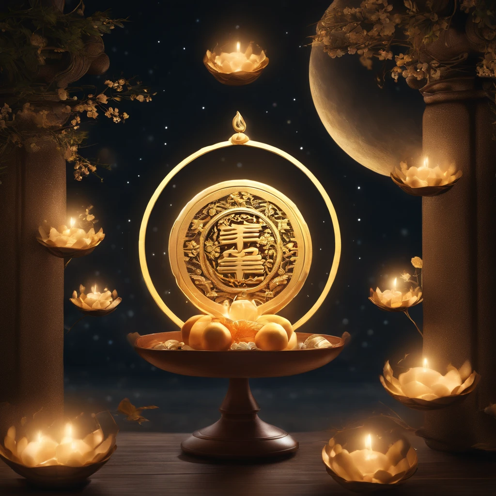 Mid-Autumn Festival, A round moon, the night, (Moon cake), teas, the fruits, edgBunny, Chang'e rushes to the moon, symmetry, high detail, Romanticism, sparkle, god rays, ray tracing, UHD, retina, masterpiece, ccurate, super detail, high details, high quality, best quality, highres, 16k, anatomically correct