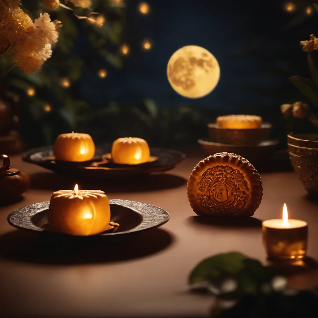 Mid-Autumn Festival, A round moon, the night, （Moon cake）, teas, the fruits, edgBunny, Chang'e rushes to the moon, symmetry, high detail, Romanticism, sparkle, god rays, ray tracing, UHD, retina, masterpiece, ccurate, super detail, high details, high quality, best quality, highres, 16k, anatomically correct