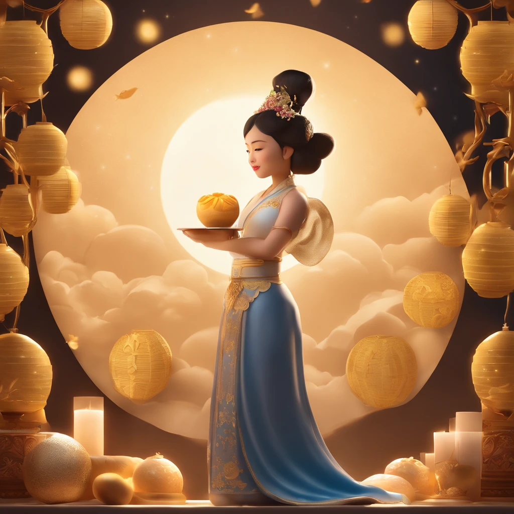 Mid-Autumn Festival, A round moon, the night, （Moon cake）, teas, the fruits, edgBunny, Chang'e rushes to the moon, symmetry, high detail, Romanticism, sparkle, god rays, ray tracing, UHD, retina, masterpiece, ccurate, super detail, high details, high quality, best quality, highres, 16k, anatomically correct