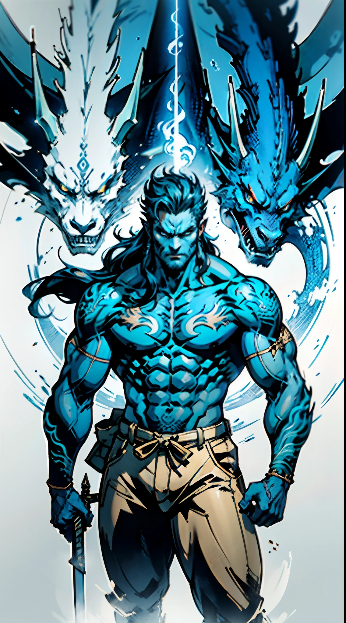 A middle-aged man with long straight hair, a tall and muscular body, wearing a wooden semi-circular forehead protector, he has thick sword-like eyebrows, bright and expressive blue eyes, well-defined facial features, a bare upper body adorned with a blue Dragon Tattoo, a blue Dragon Tattoo that wraps around his entire body, a blue Dragon Tattoo, he wears plain pants, stands before a mysterious ancient Mayan altar, he raises his right fist high, displaying a dignified expression, exuding a powerful aura, emanating a radiant fighting spirit, this character embodies a finely crafted a fantasy-style wilderness design in anime style, characterized by a sophisticated and mature manga illustration art style, high definition, best quality, highres, ultra-detailed, ultra-fine painting, extremely delicate, professional, anatomically correct, symmetrical face, extremely detailed eyes and face, high quality eyes, creativity, RAW photo, UHD, 8k, Natural light, cinematic lighting, masterpiece:1.5