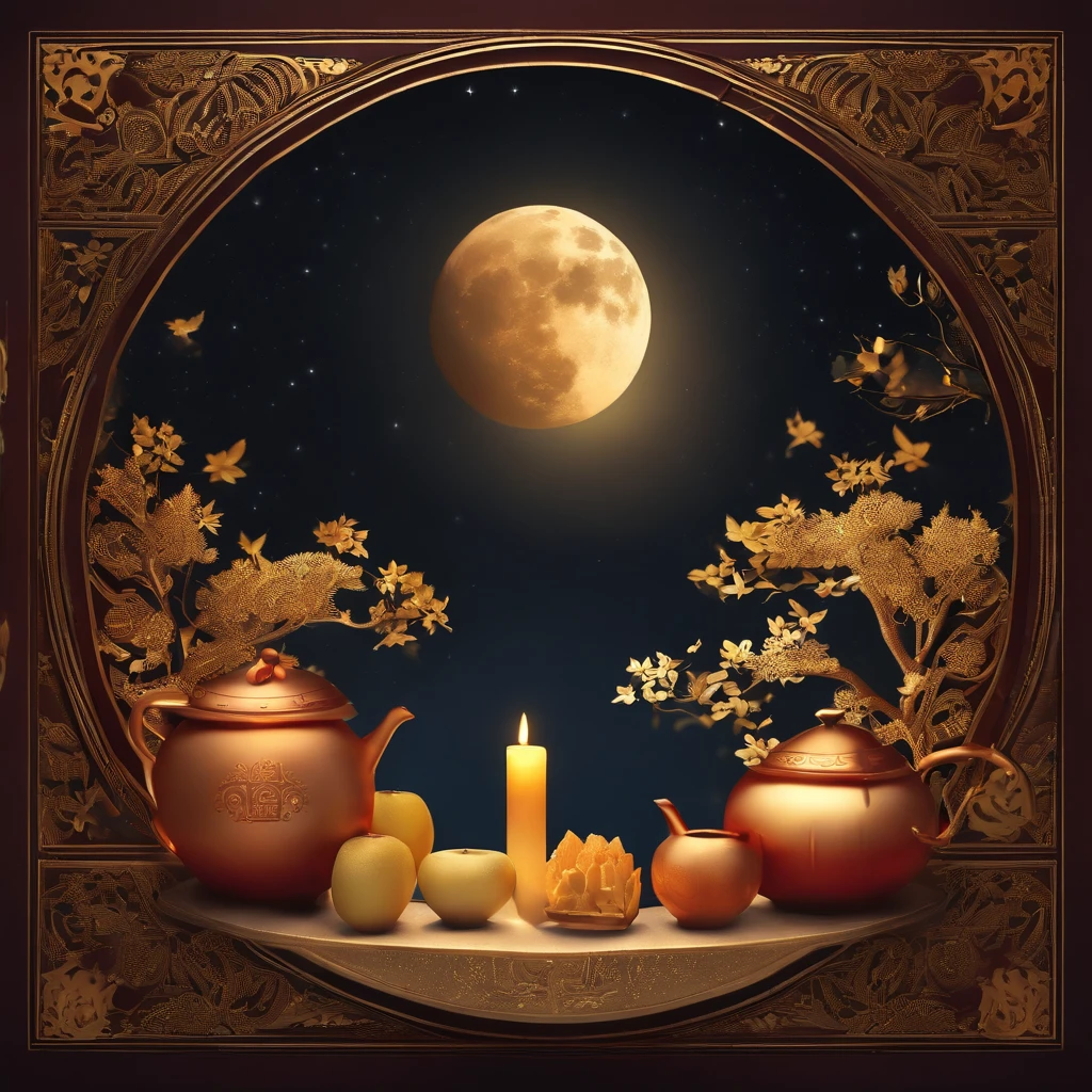 Mid-Autumn Festival, A round moon, the night, (Moon cake), teas, the fruits, edgBunny, Chang'e rushes to the moon, symmetry, high detail, Romanticism, sparkle, god rays, ray tracing, UHD, retina, masterpiece, ccurate, super detail, high details, high quality, best quality, highres, 16k, anatomically correct