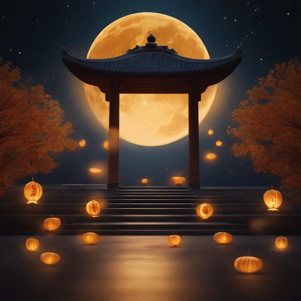 Mid-Autumn Festival, A round moon, the night, (Moon cake), teas, the fruits, edgBunny, Chang'e rushes to the moon, symmetry, high detail, Romanticism, sparkle, god rays, ray tracing, UHD, retina, masterpiece, ccurate, super detail, high details, high quality, best quality, highres, 16k, anatomically correct