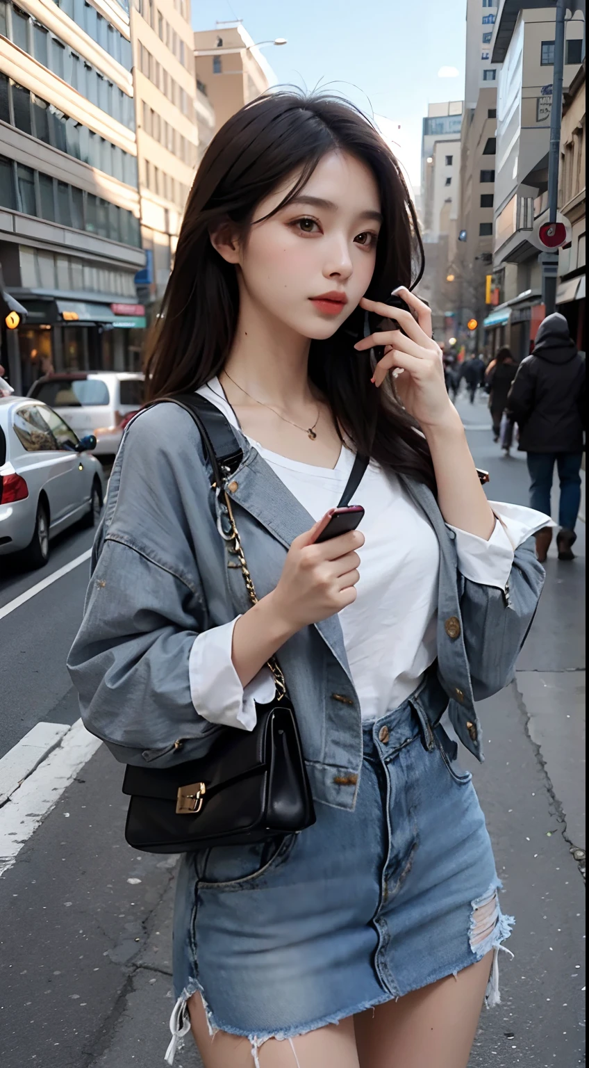 Beautiful woman, fiddling with cell phone in the middle of the street, short clothes