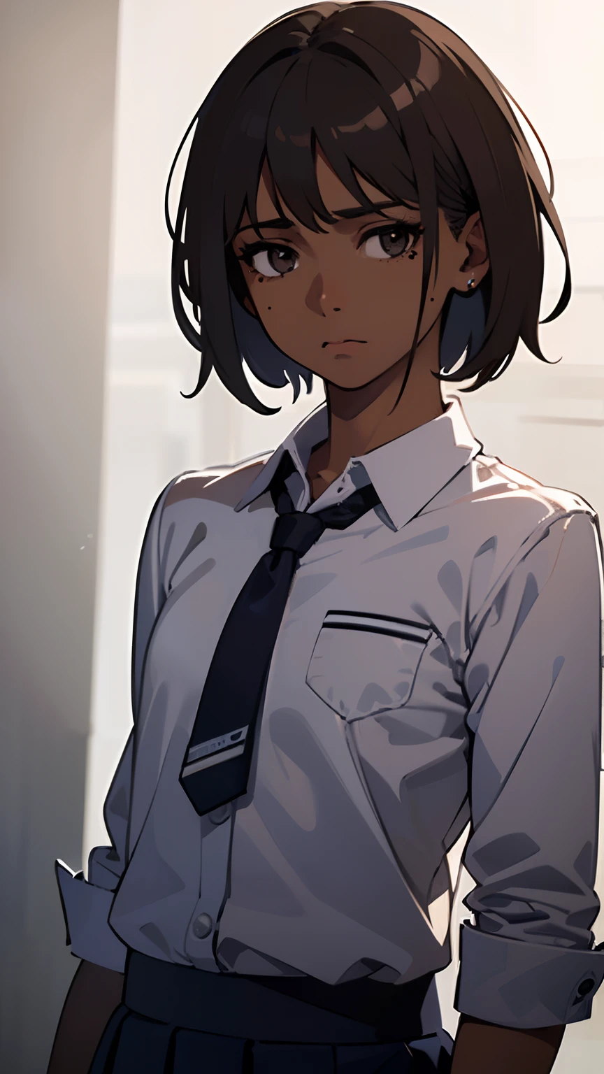 1 girl, (dark brown skin:1.4), very short hair, black eyes colour, mole down the right eye, bruises, messy outfit, ripped outfit, School girl outfit, depressed, cold expression , (high quality, masterpiece, extremely detailed:1.2), (small chest:1.2), (Realistic, photorealistic:1.2), studio lighting