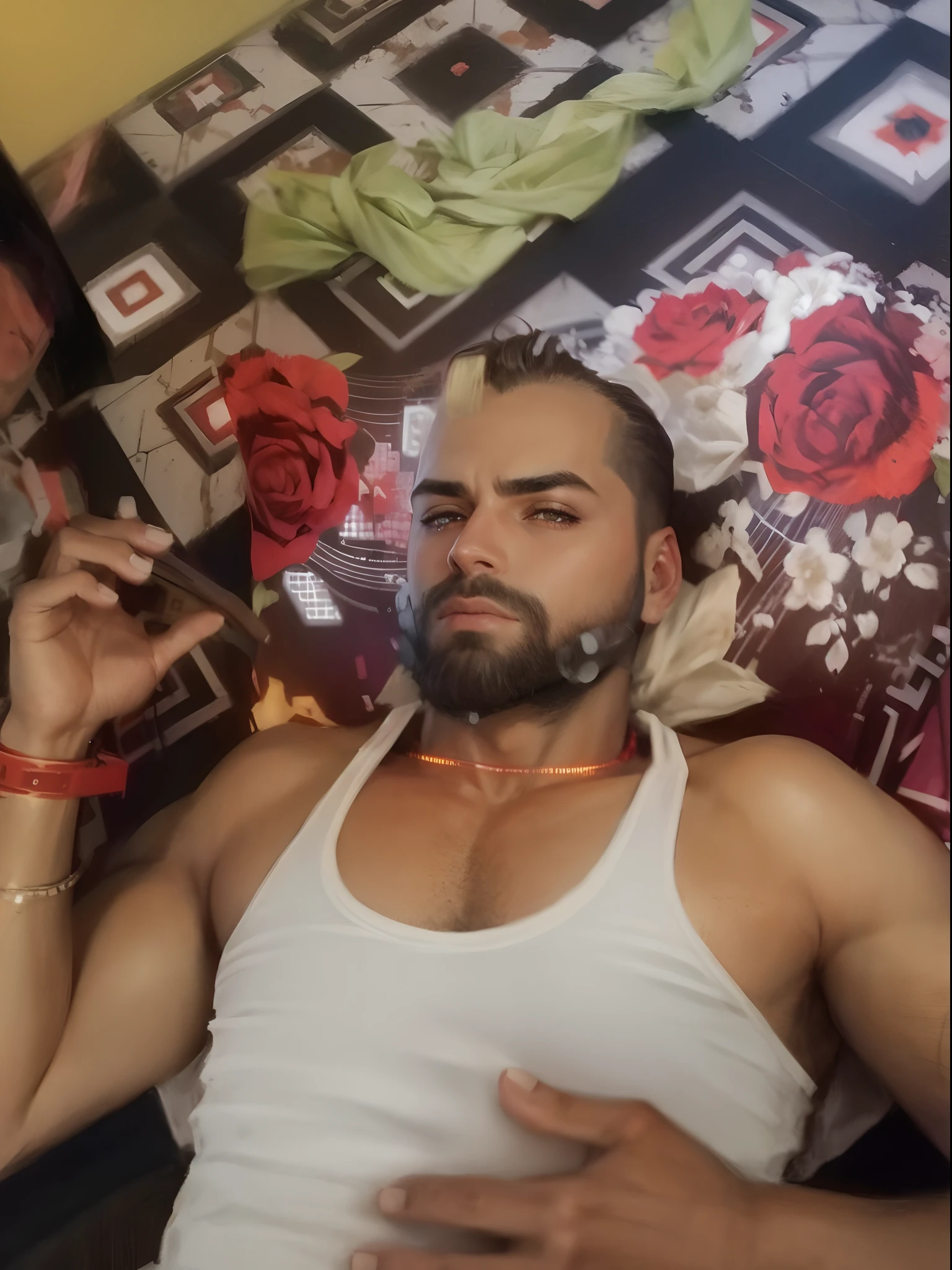 Sexy, sexy, intimate CG portraits. A masterpiece of refined sensuality that represents ultimate masculine sensuality. Scene of a shirtless man standing, looking sultry, smoking a cigarette, smoky, short hair, tattoos on his abs
