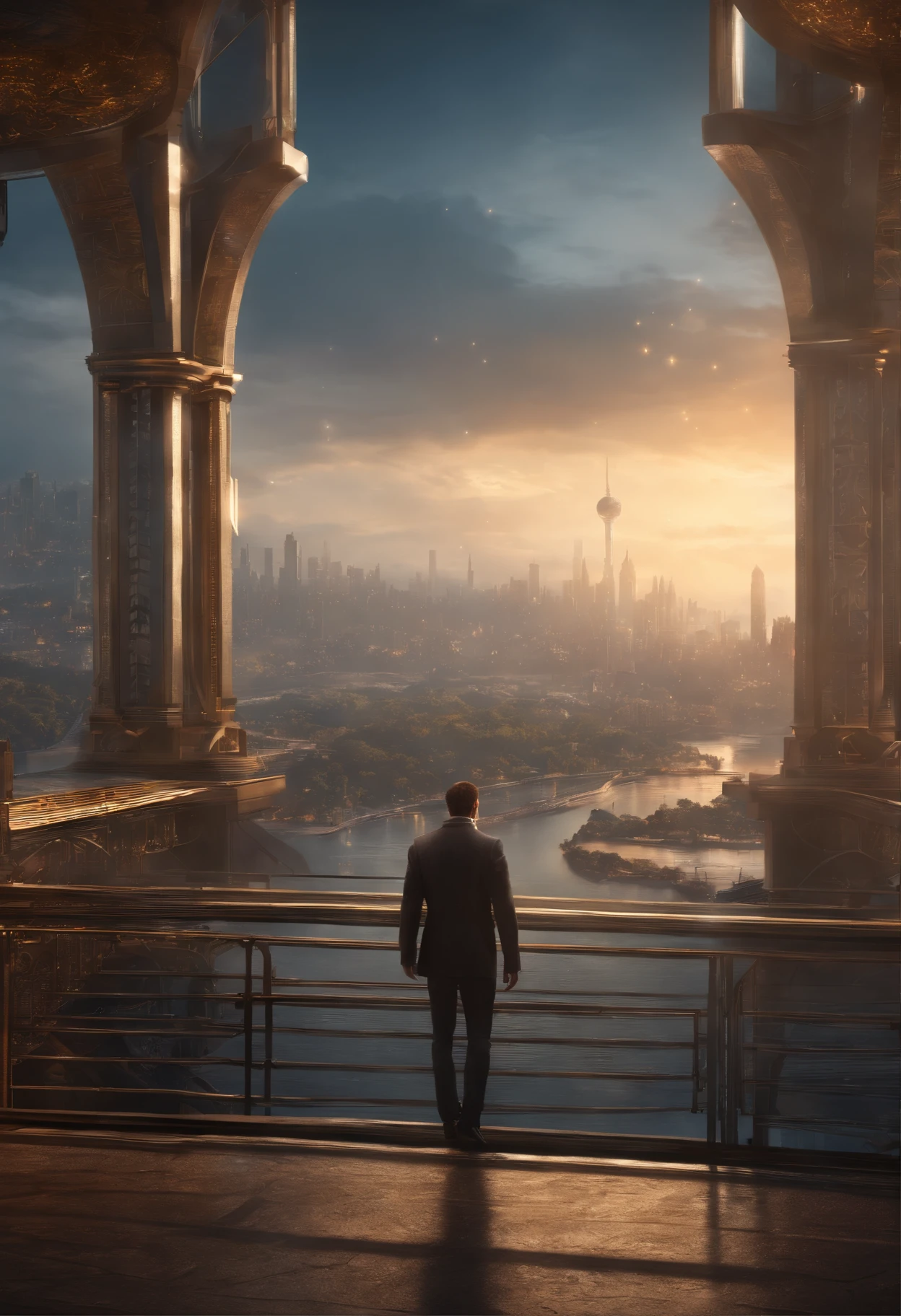 (8k unit wallpaper CG extremely detailed, masterpiece, best quality, ultra-detailed), (((solo)))), ((extremely wide shot:1.15)), a man on a bridge looking at a scifi city in the distance in the background, ((back view)), ((full body)), (high detail), (intricate details), intricate, magnificent scene, detailed environment, highly detailed environment, illustrator, (masterpiece).