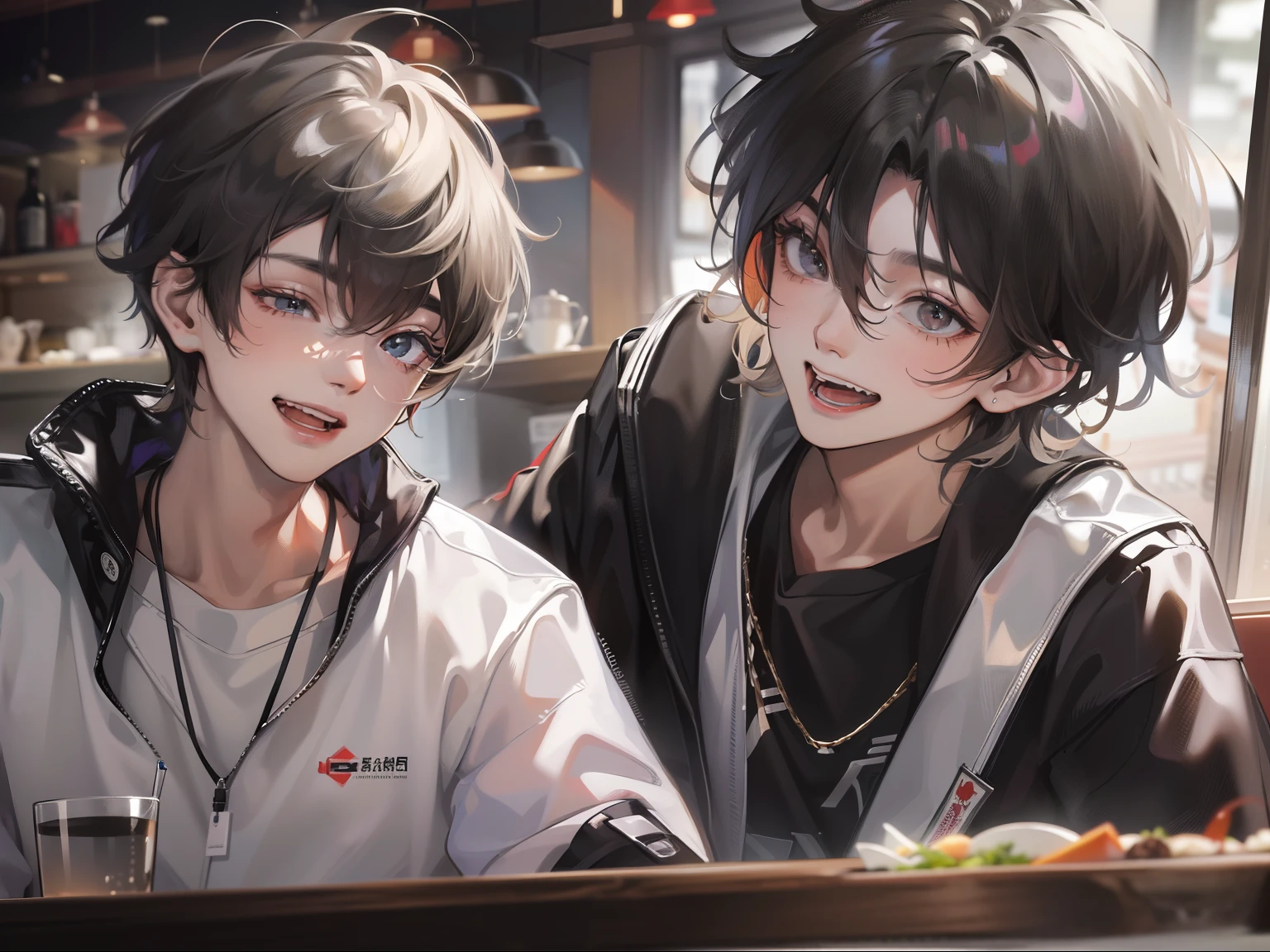 (Masterpiece), (best quality), ((super-detailed)), (photorealistic), (2male), mature male, ((handsum male)), gay, ((yaoi)), eye contact ,hugging , heart,romantic style
BREAK
(male1: red eyes, black hair,jacket,blush,serious)
BREAK
(male2: closed eyes, black hair, very short hair, green eyes, shirt,smiling),