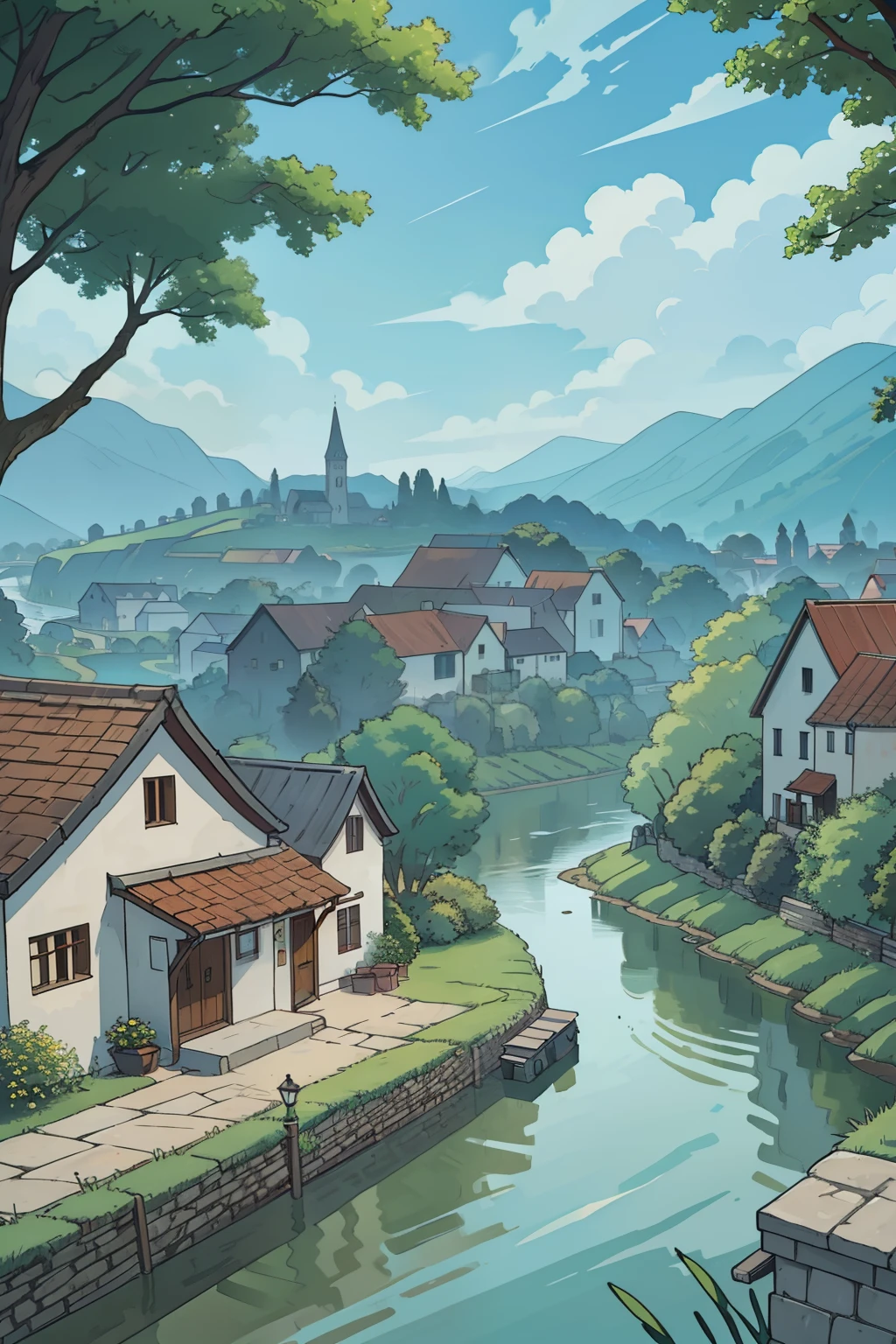 Riverside view，flod（2.0）Natural scenery，Villages in the distance（0.2），Overlooking