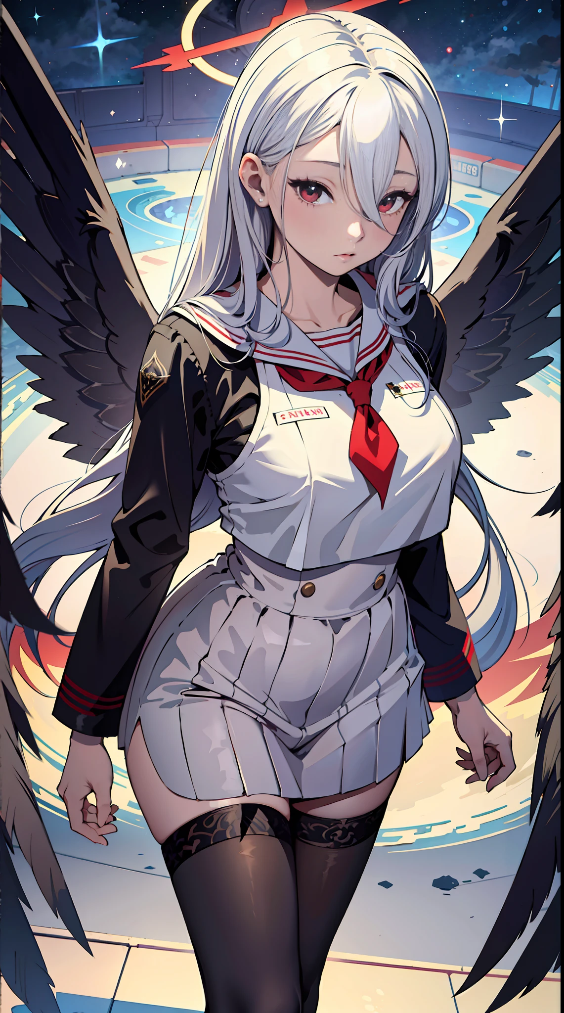 absurd res, high res, (masterpiece:1.4), ultra-detailed, 1girl, white hair, sailor dress, black dress, red eyes, hair between eyes, standing, stockings, space, wings, wide angle, POV, from above, hand on hip