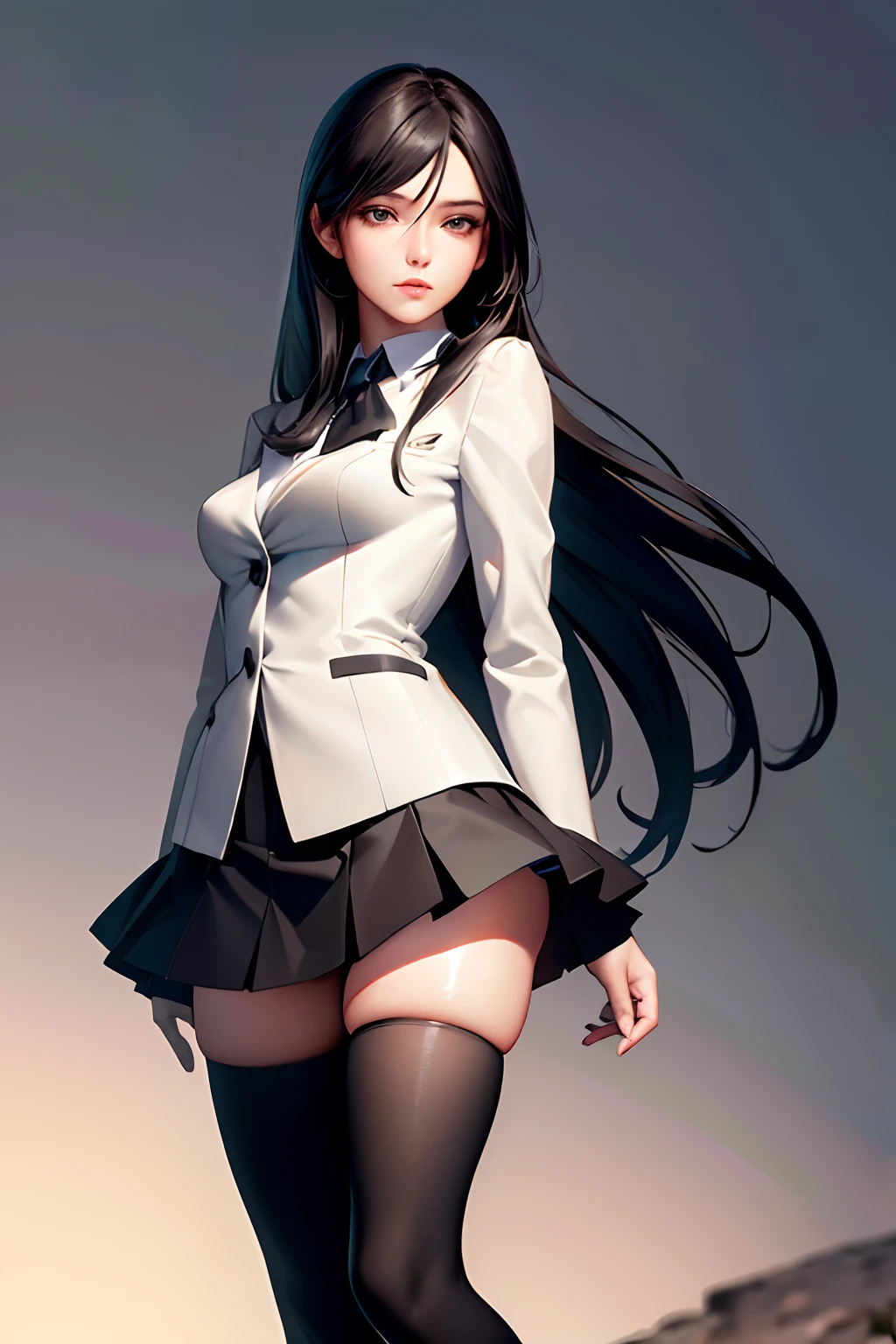 ((masterpiece, best_quality)), 1girl, (photorealistic:1.4),  solo, white_background, black_hair, long_hair,   zettai_ryouiki, skirt, ((full_body)),