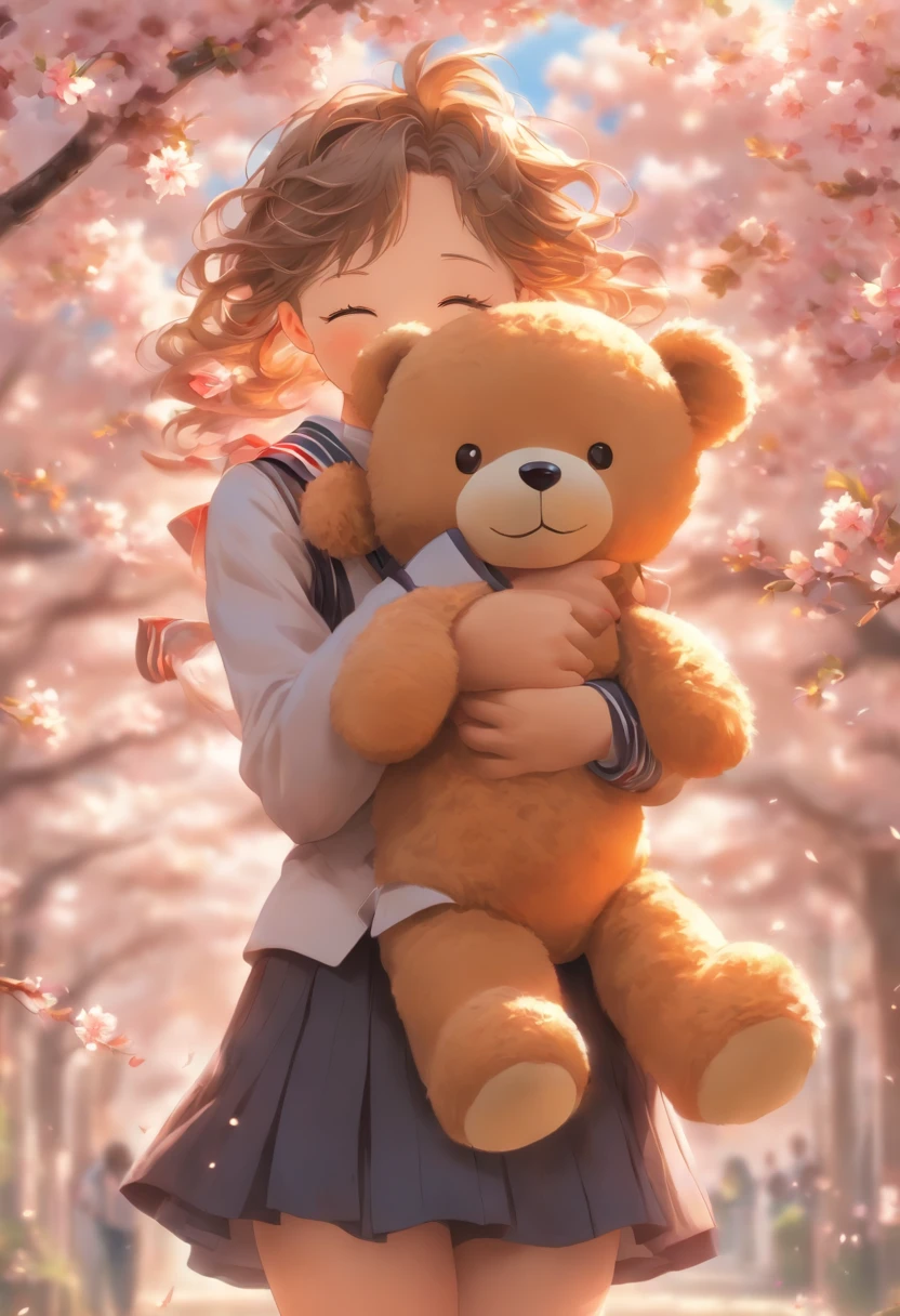 The most beautiful school, wearing highly detailed school uniform, crying uncontrollably, holding a stuffed teddy bear, cherry blossoms blowing in the wind, perfect masterpiece, high quality, high resolution