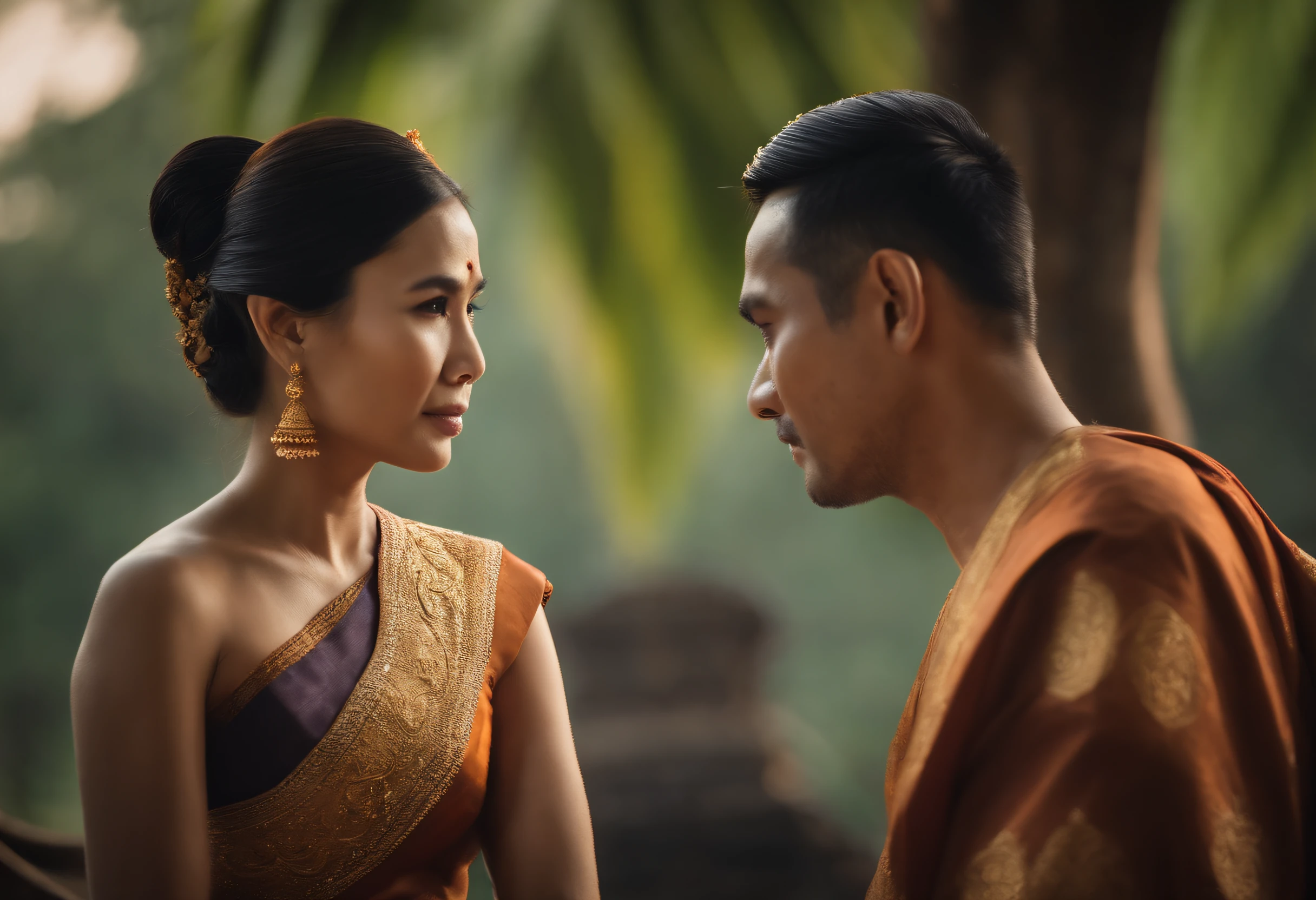 Half-body portrait of husband and wife not wearing jewelry, Ancient Thai, Thai costume, traditional clothes, Ayutthaya dress