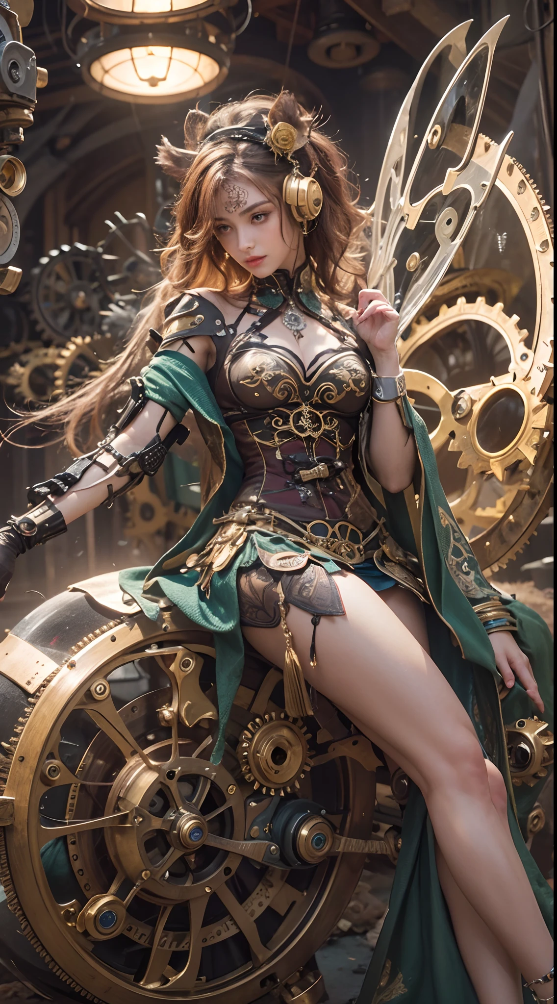 (Best quality,4K,A high resolution,Masterpiece:1.2),Ultra-detailed,(Realistic:1.37) Girl with mechanical parts,steampunk wind,Delicate clockwork details,Brass gears and gears,Beautiful and intricate design,(Mechanical wings),Glowing eyes and glowing tattoos,Colorful metal corsets and skirts,Elegant and elegant gesture,Industrial background with smoky atmosphere,Soft warm lighting,Vintage color palette,The human body and mechanical elements are perfectly integrated