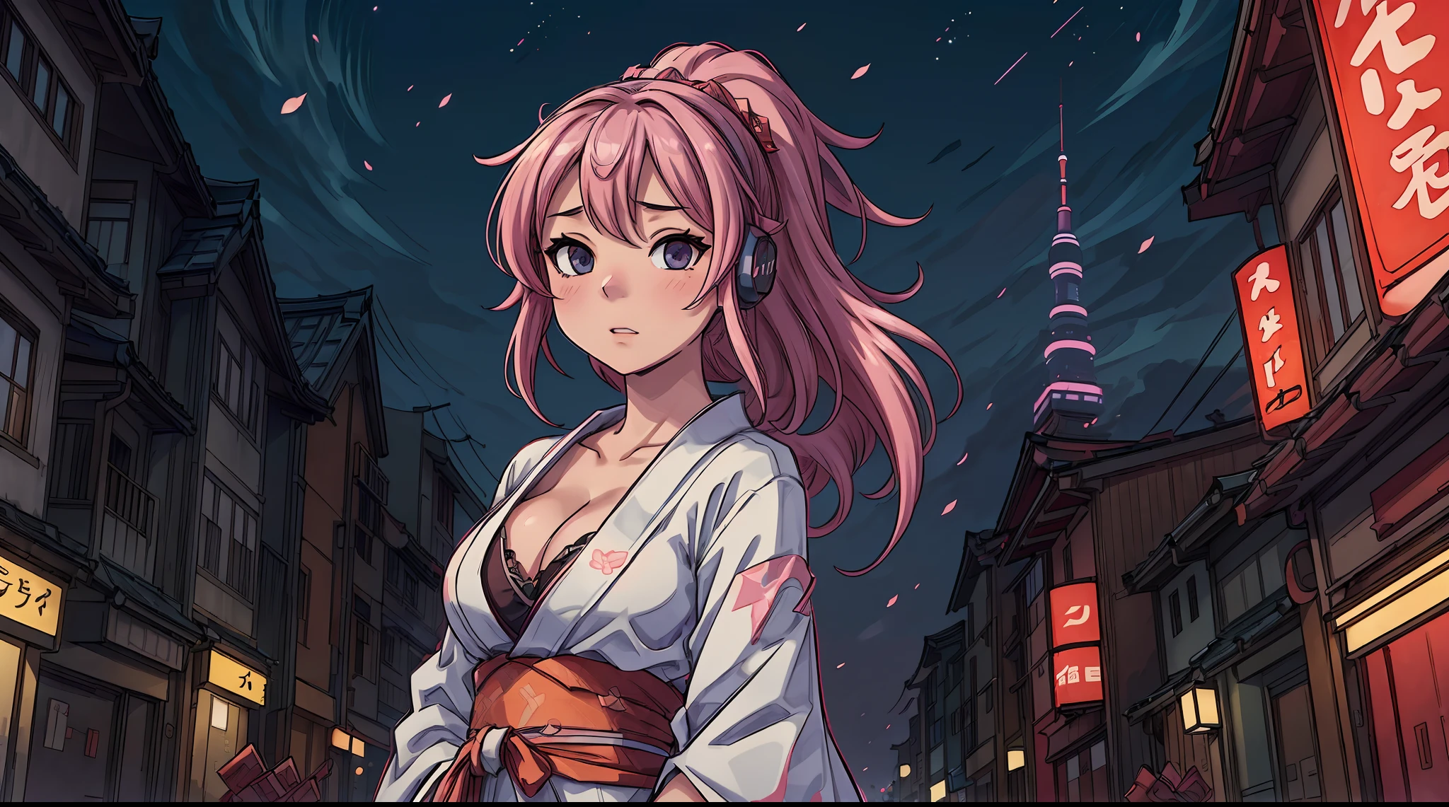 (sexy anime 1girl, headphone, glowing skin, beautiful background, beautiful sky, aesthetic, venilla, night, cleavage, Japan, Tokyo city),(best quality, 4k, 8k, highres, masterpiece:1.2), ultra-detailed, (realistic, photorealistic, photo-realistic:1.37), HDR, UHD, studio lighting, ultra-fine painting, sharp focus, physically-based rendering, extreme detail description, professional, vivid colors, bokeh, portraits, anime, night scene, cityscape, glowing lights, traditional kimono, cherry blossoms, bustling streets, futuristic skyscrapers